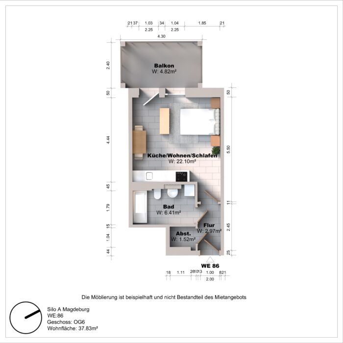 Grundriss einer Wohnung mit Balkon und Bad.