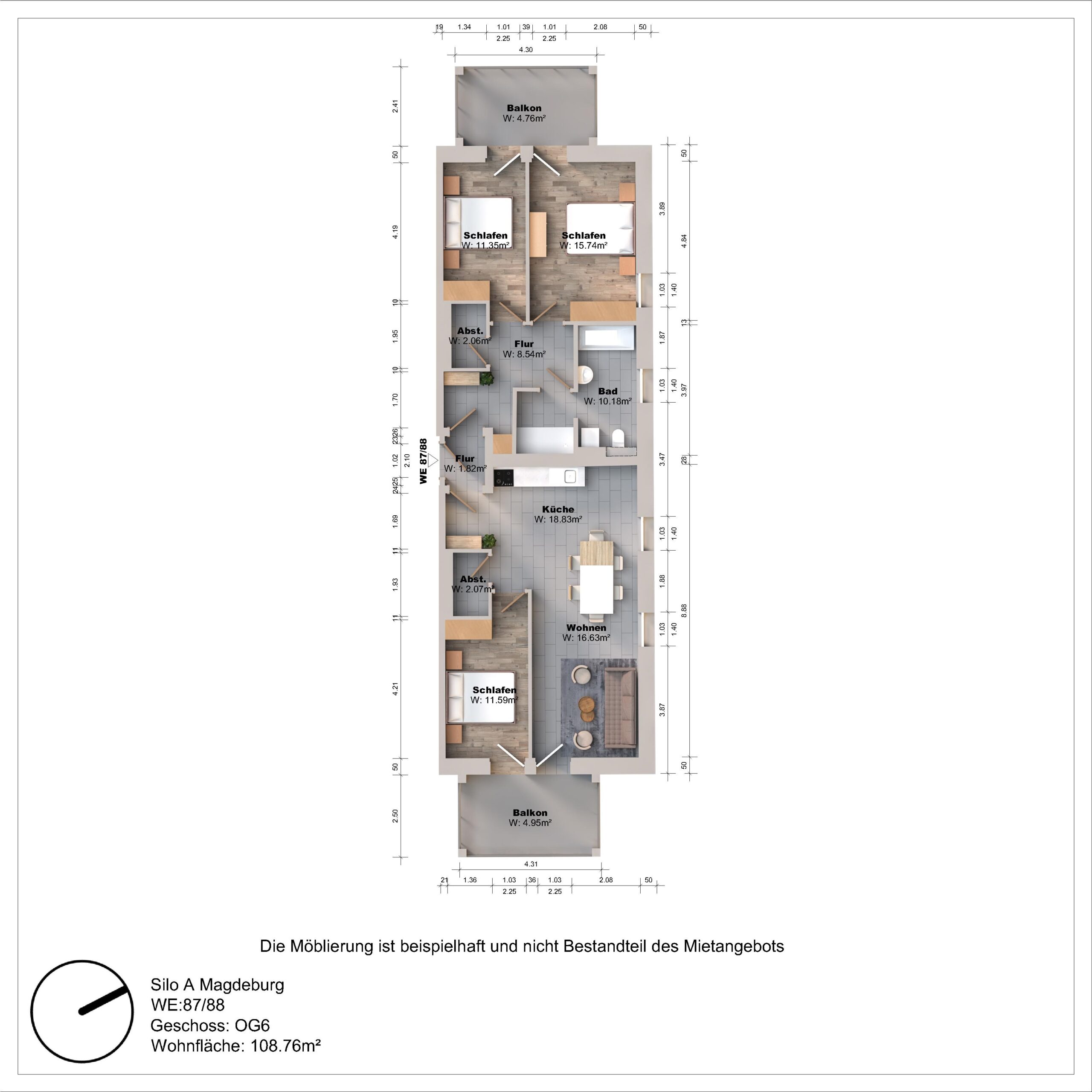 Grundriss einer Wohnung mit drei Schlafzimmern und Balkon.