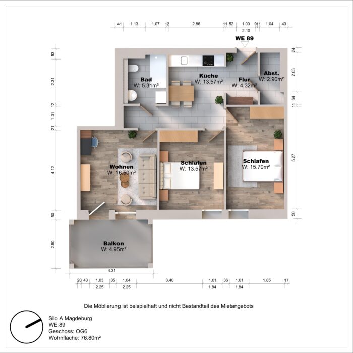 Grundriss einer Wohnung mit zwei Schlafzimmern und Balkon.