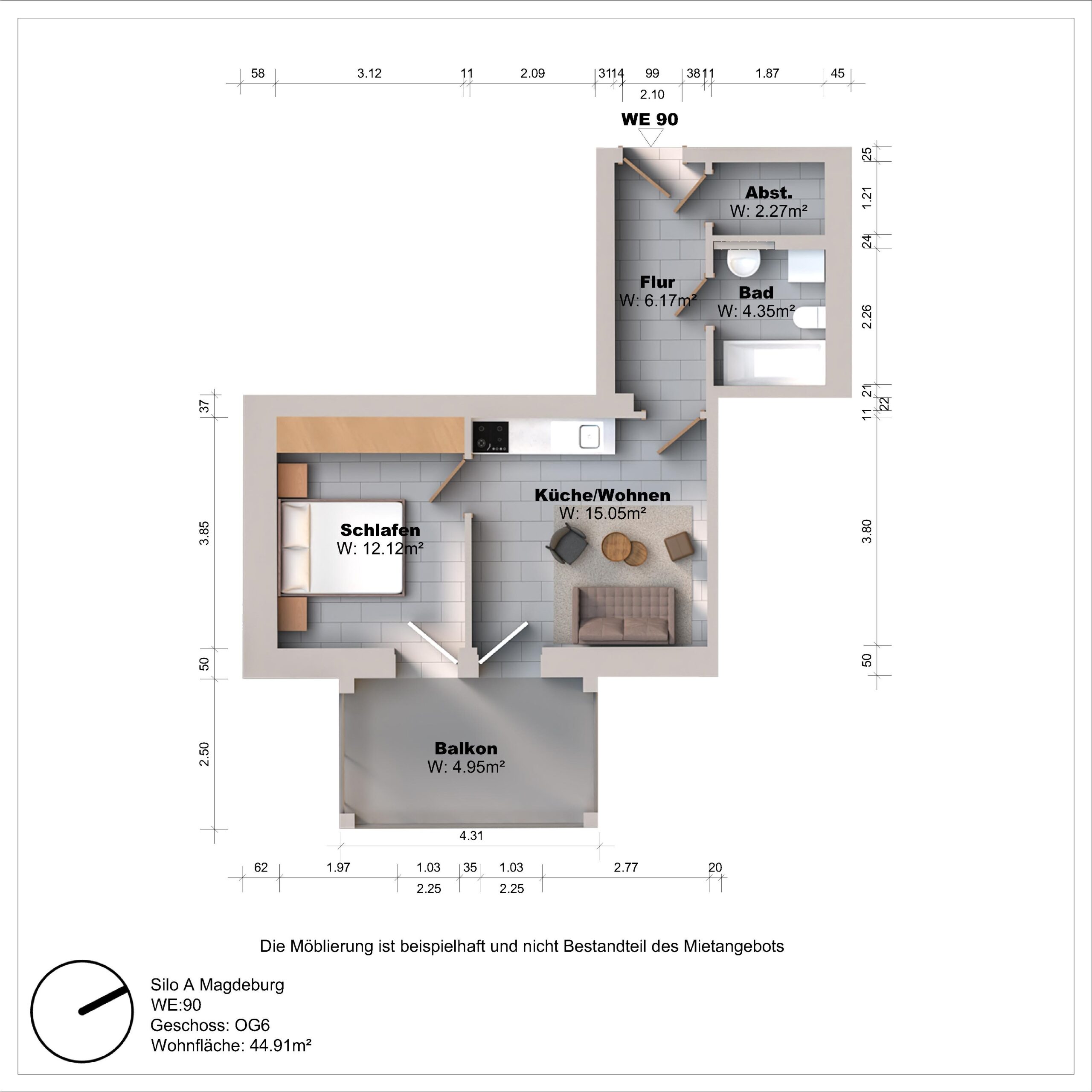 Grundriss einer Wohnung mit Balkon und Zimmern.