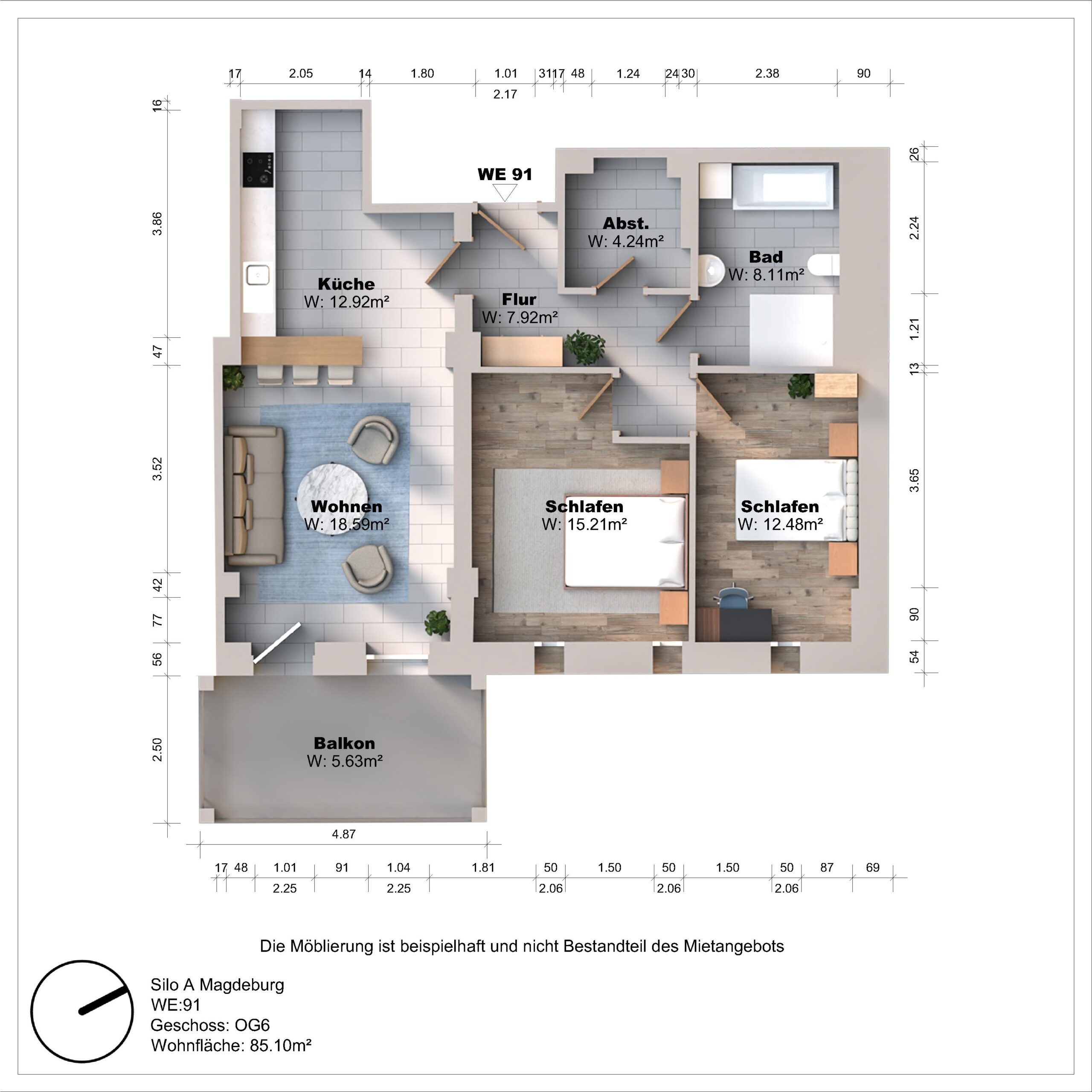 Grundriss einer Wohnung mit zwei Schlafzimmern und Balkon.