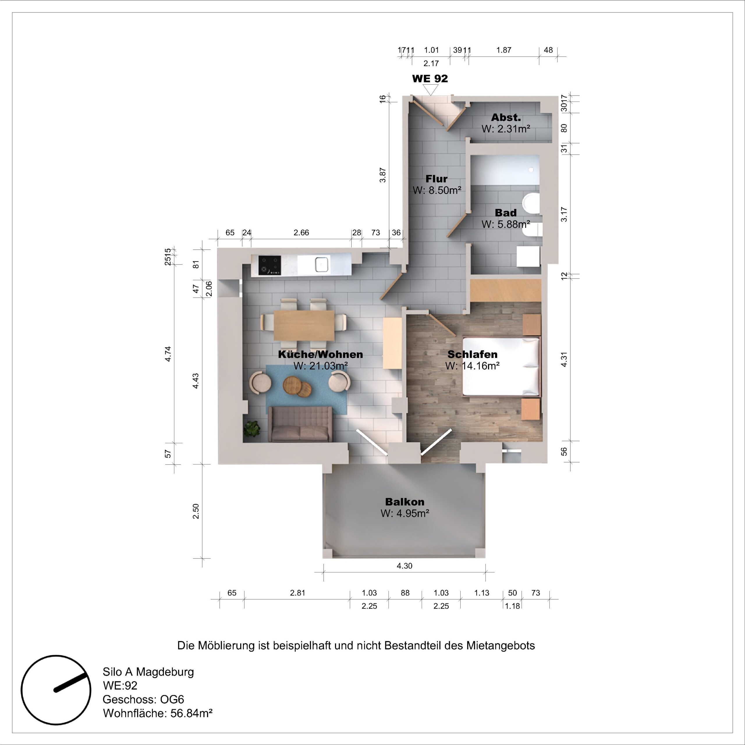 Grundriss einer Wohnung mit Balkon und Möbeln.