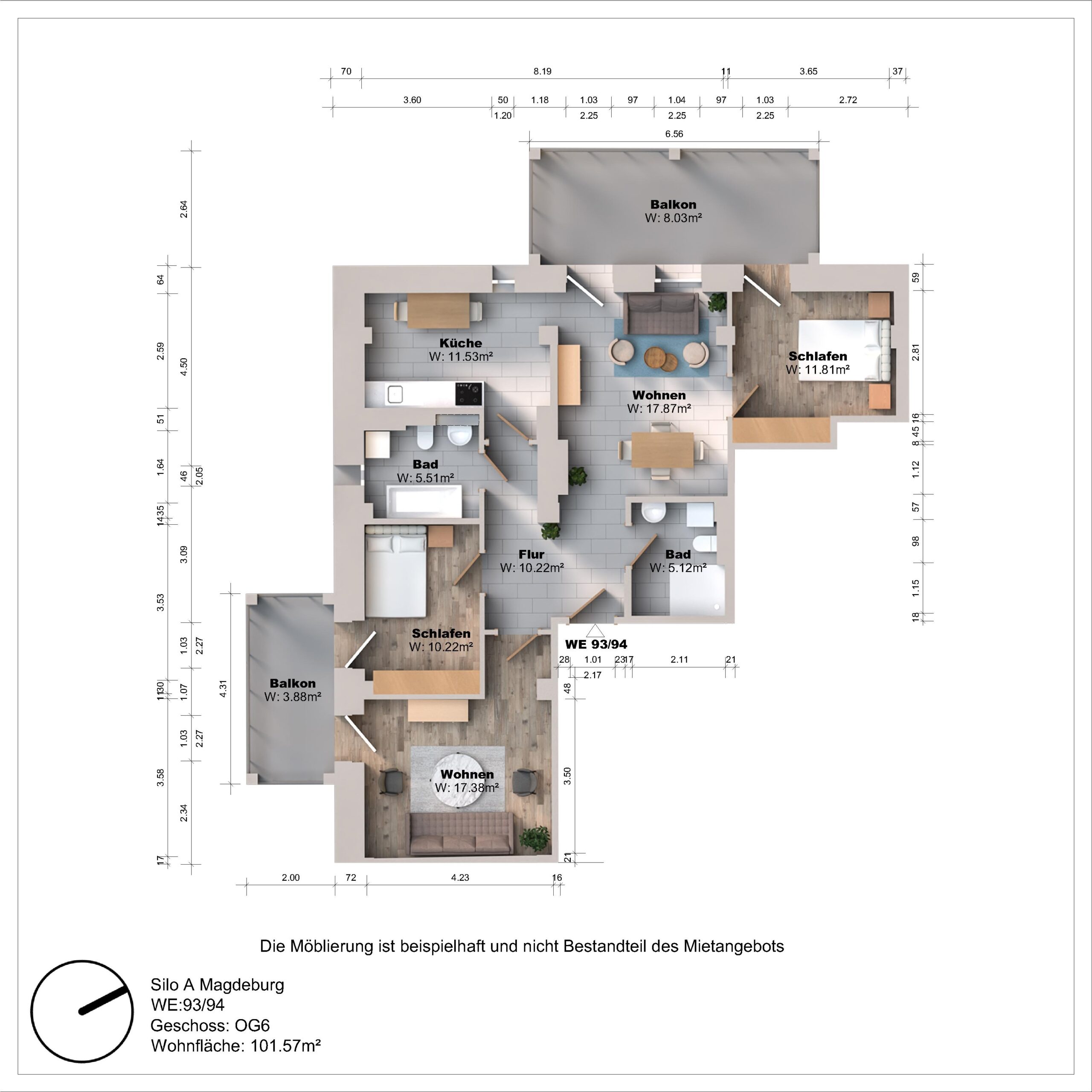 Grundriss einer Wohnung mit zwei Balkonen und Zimmern.