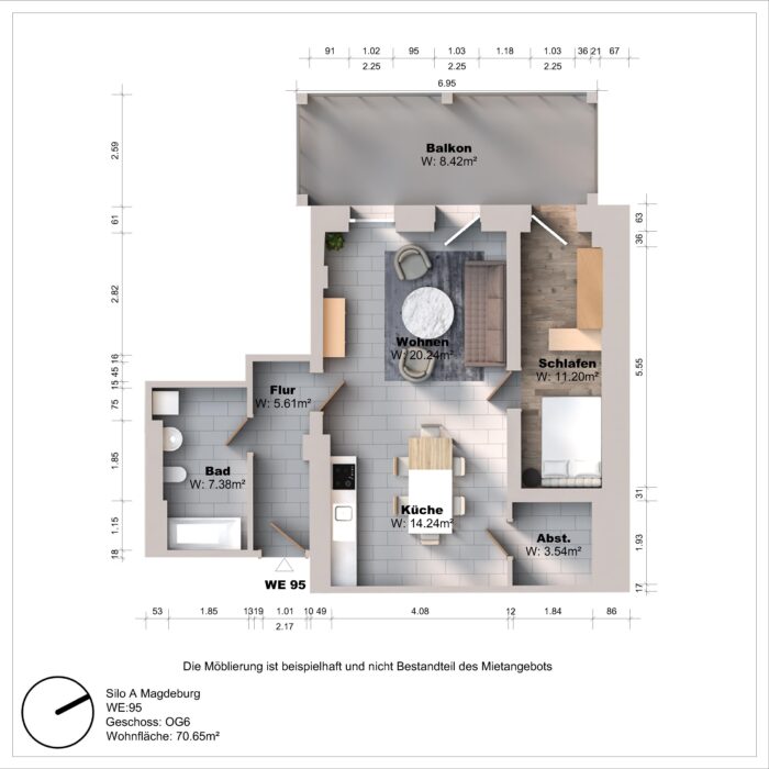 Grundriss einer Wohnung mit Balkon und Zimmern.