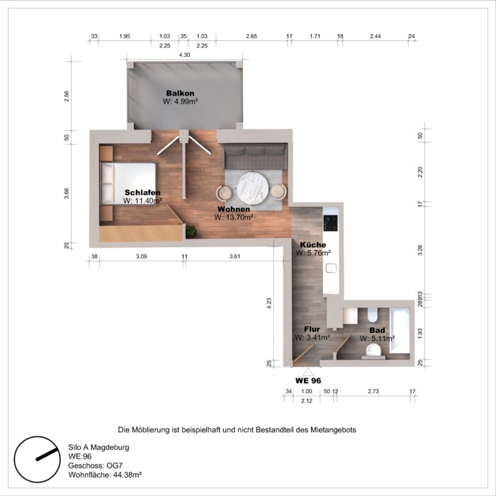 Grundriss einer Wohnung mit Balkon und Zimmern.