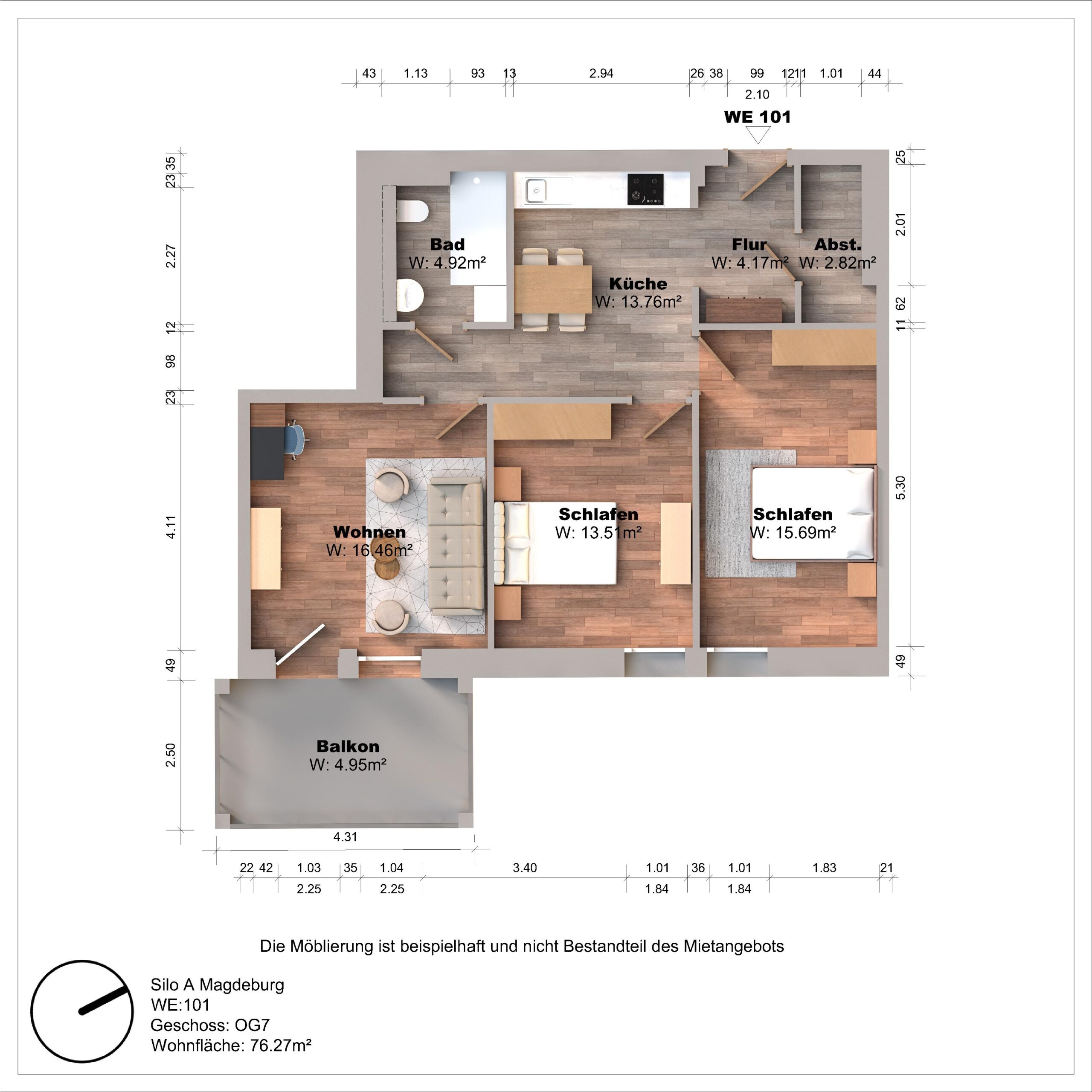 Grundriss einer Wohnung mit zwei Schlafzimmern und Balkon.