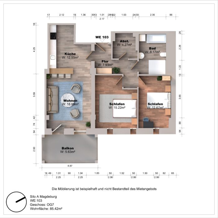Grundriss einer Wohnung mit zwei Schlafzimmern und Balkon.