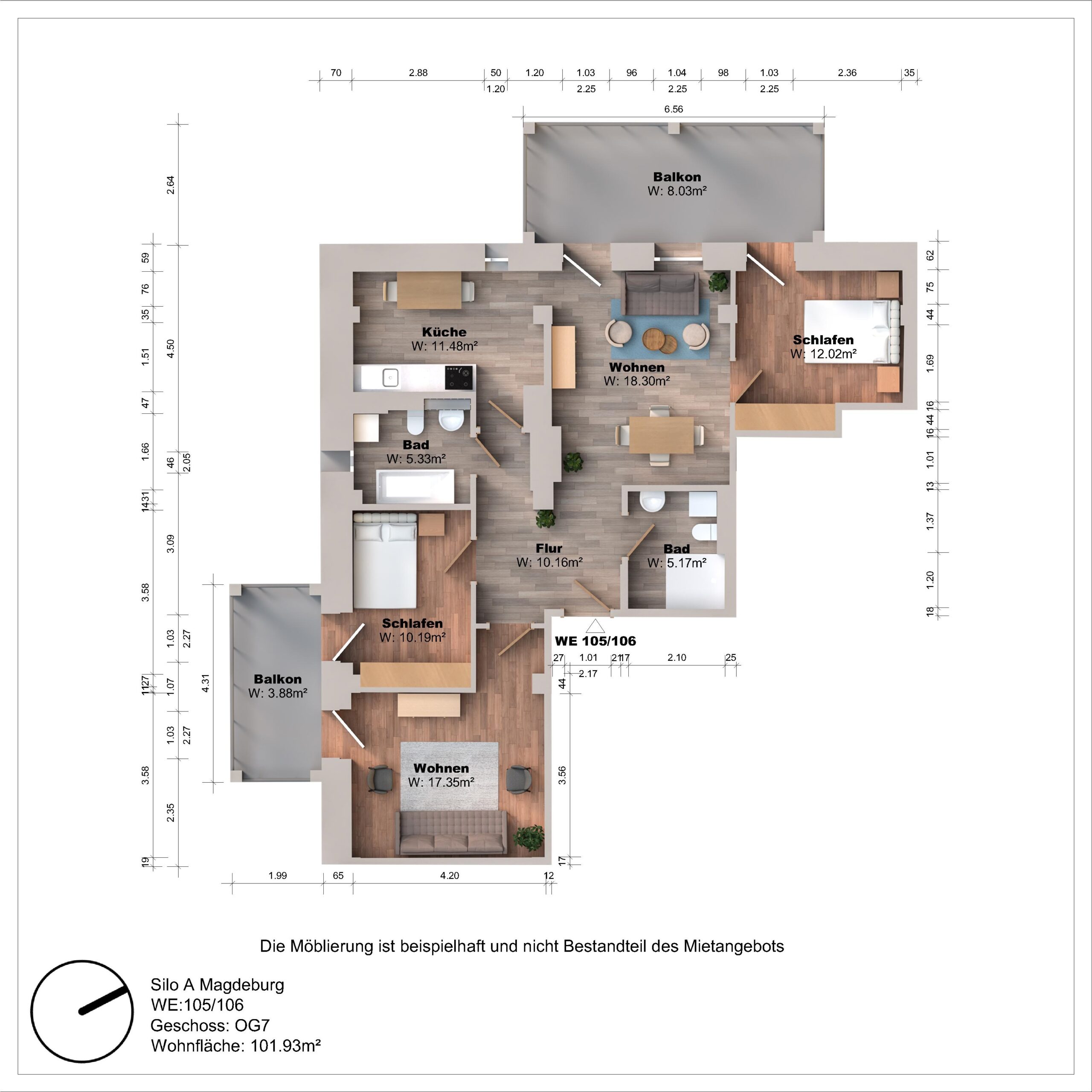 Grundriss einer Wohnung mit zwei Balkonen und Zimmern.
