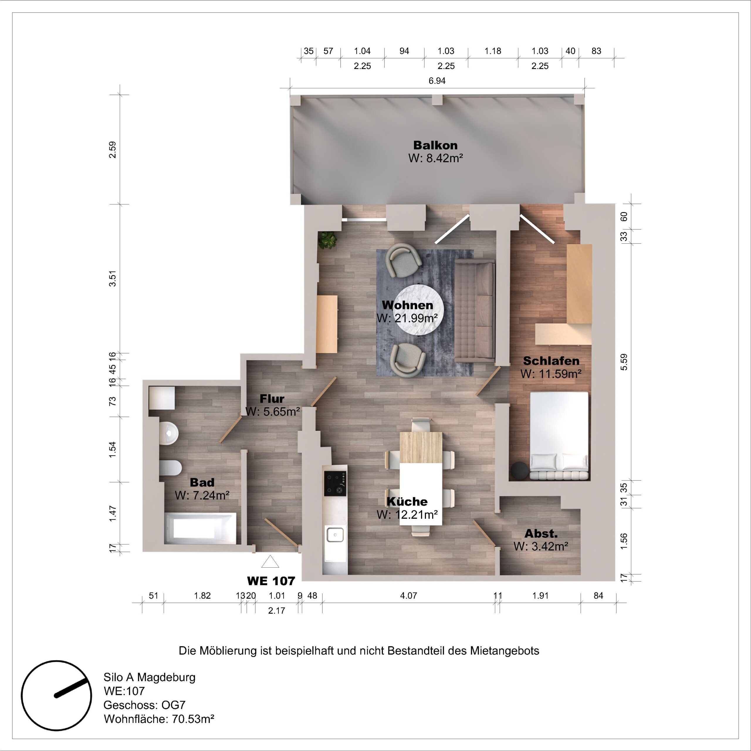 Grundriss einer Wohnung mit Balkon und Zimmern.