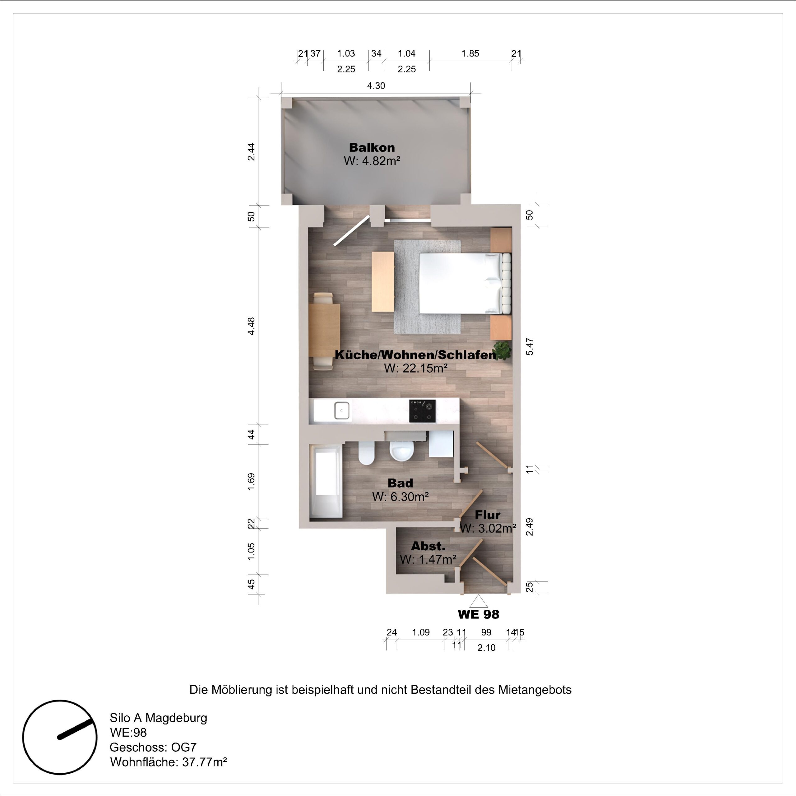 Grundriss einer Einzimmerwohnung mit Balkon und Bad.