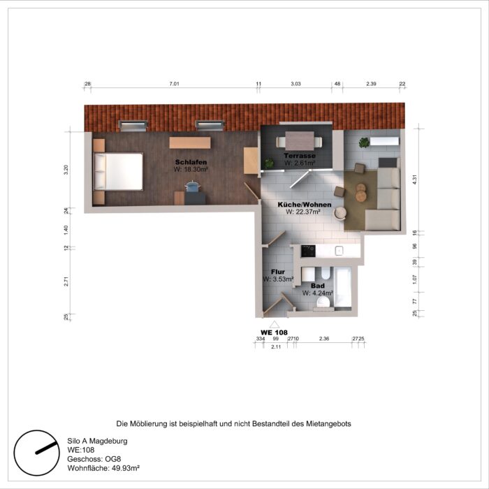 Grundriss einer Wohnung mit Schlafzimmer, Küche, Bad.