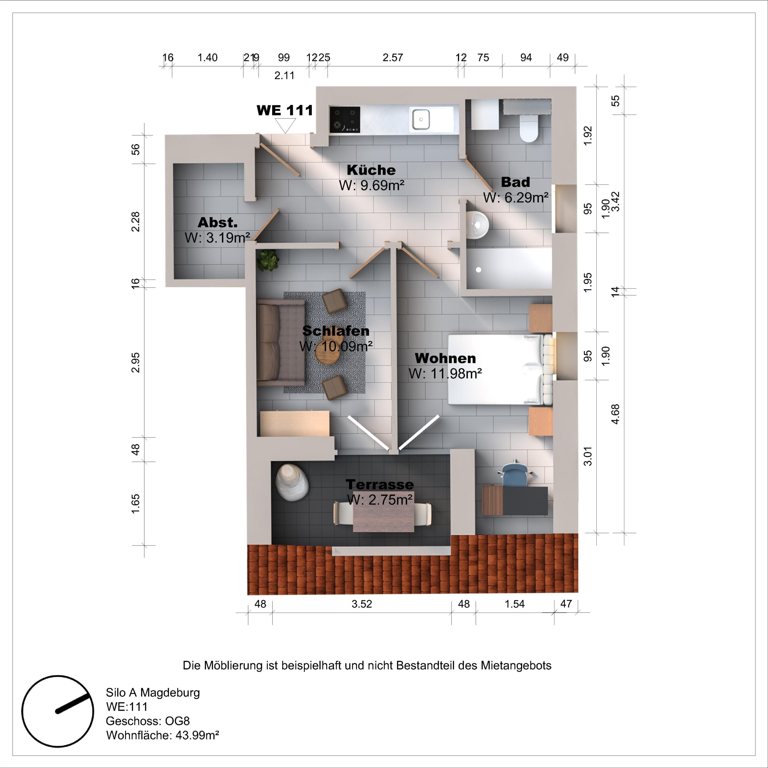 Grundriss einer Wohnung mit Terrasse und Zimmeraufteilung.