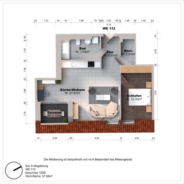 Grundriss einer Wohnung mit Terrasse und Möbeln.