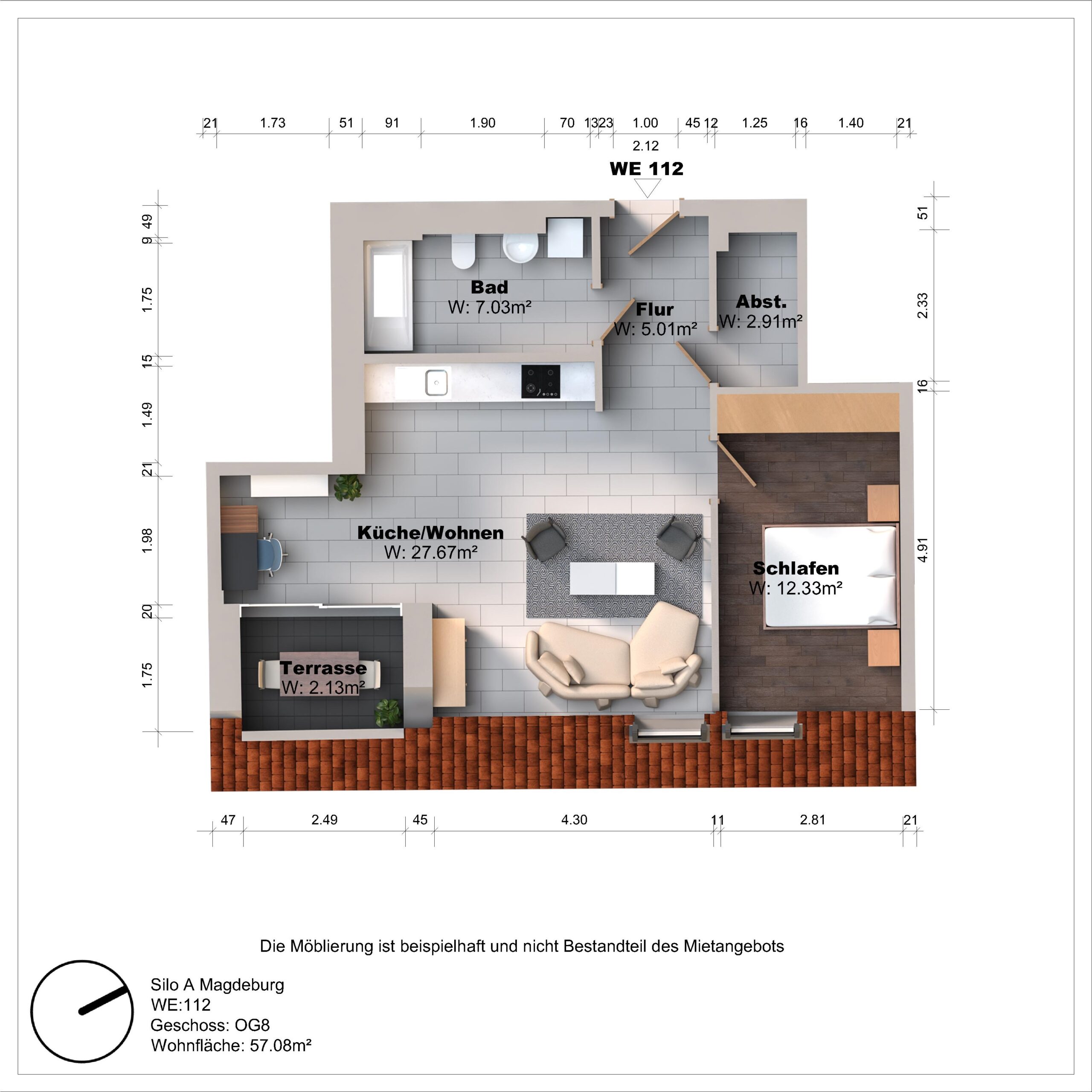 Grundriss einer Wohnung mit Terrasse und Möbeln.
