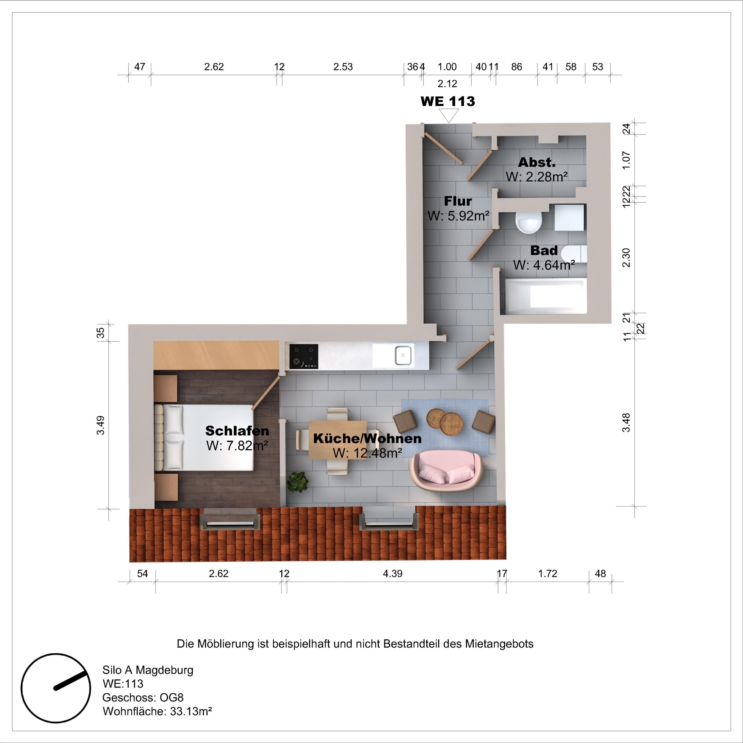 Grundriss einer Wohnung mit Schlafzimmer, Küche, Bad.