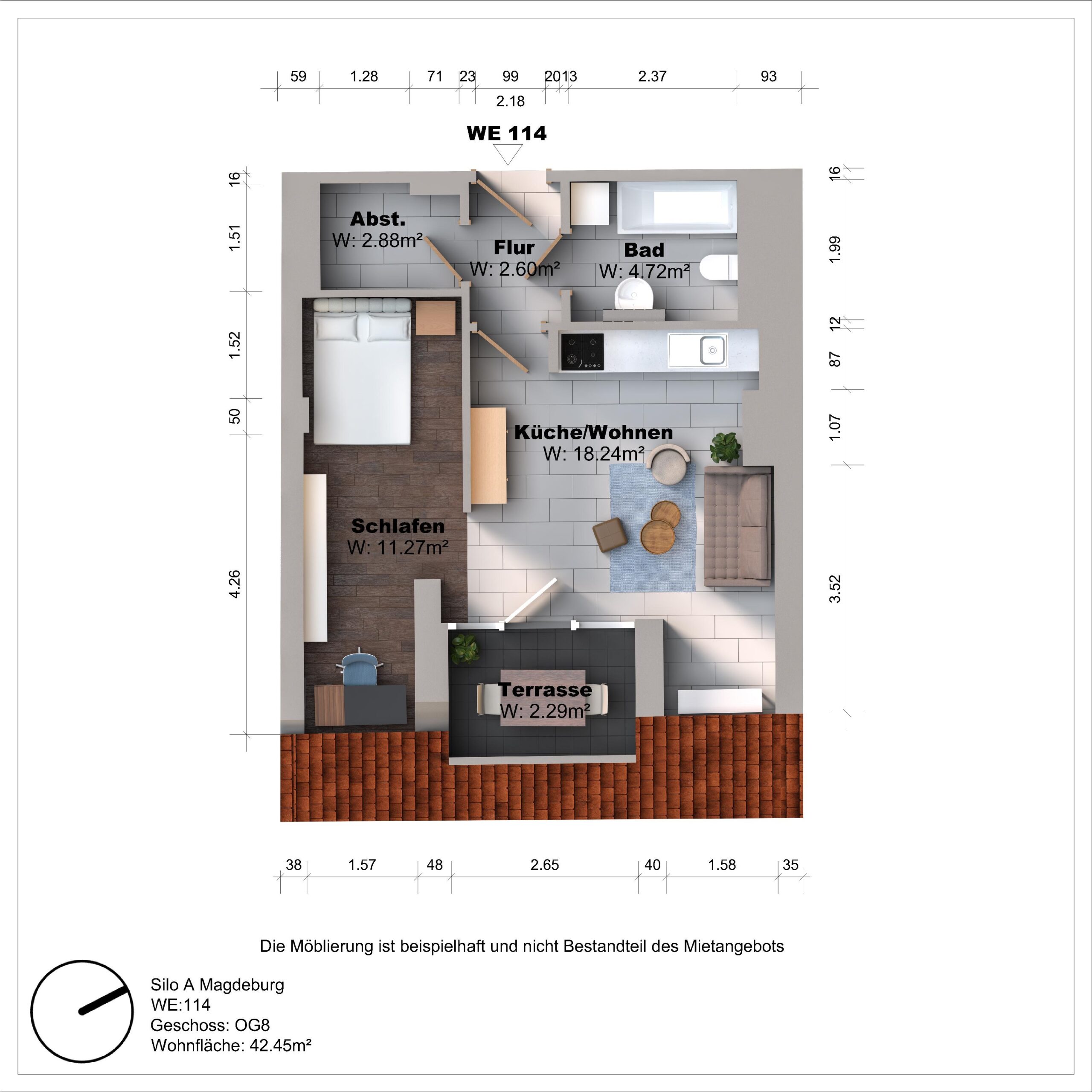 Grundriss einer Wohnung mit Terrasse und Möbeln.