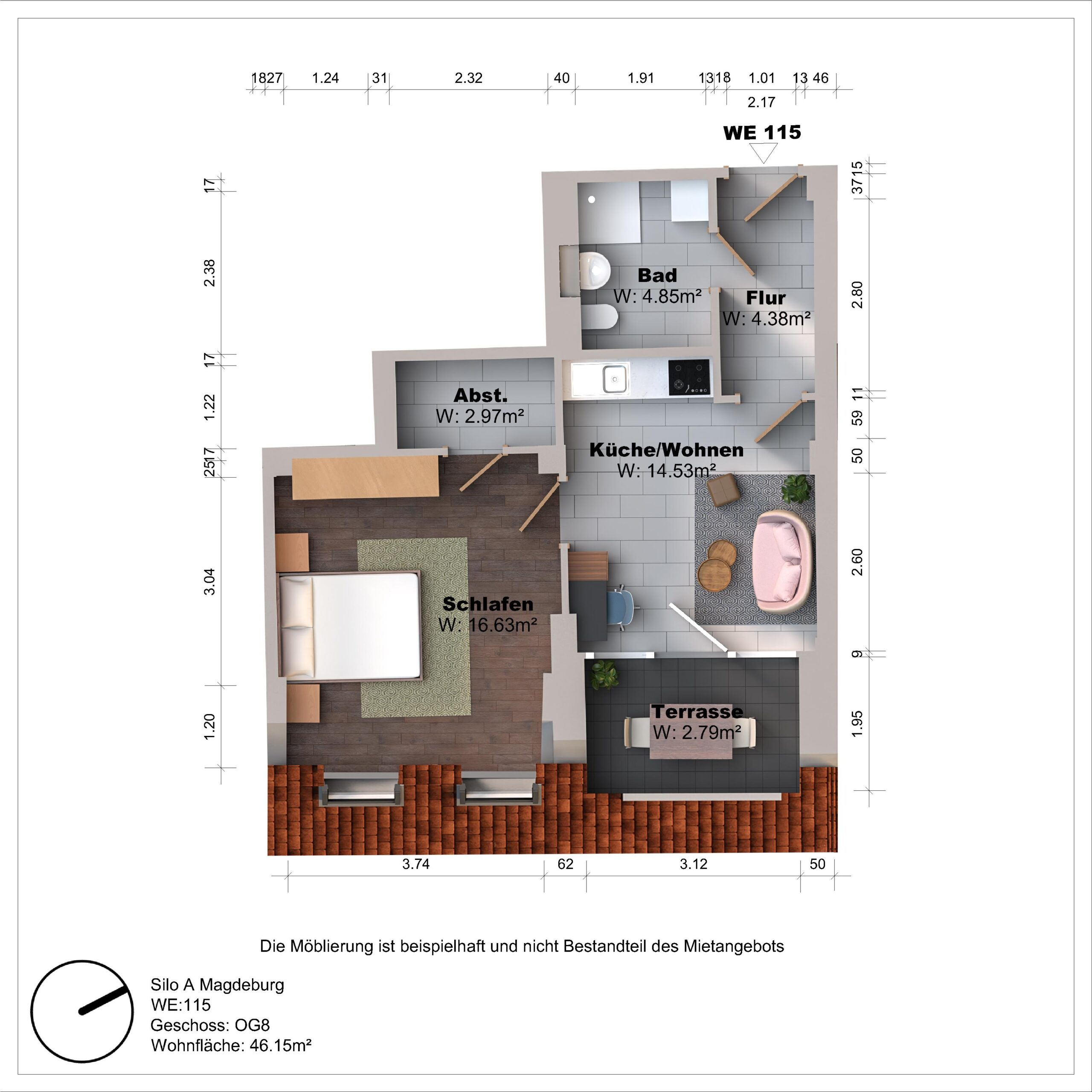 Grundriss einer Wohnung mit Terrasse und Schlafzimmer.