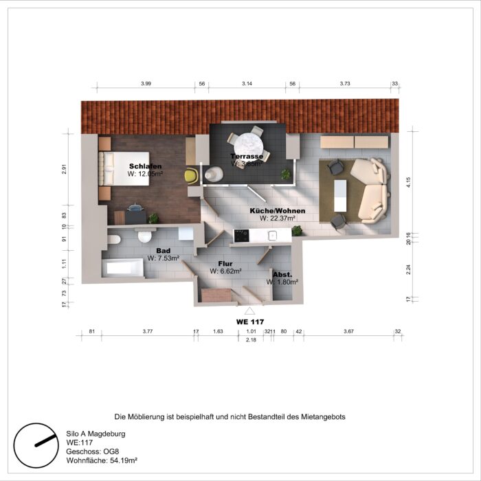 Grundriss einer Wohnung mit Terrasse und Möbeln.