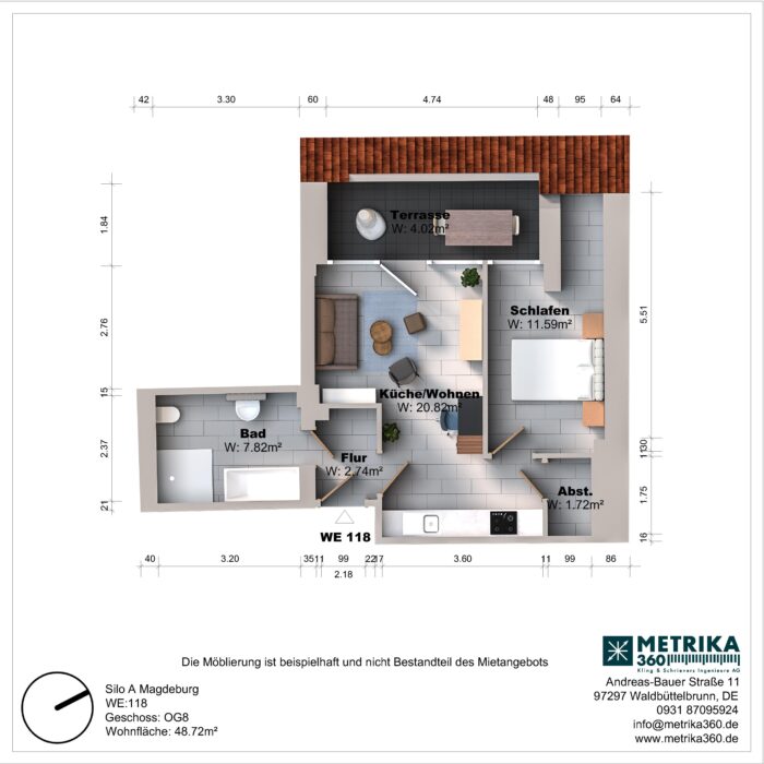 Grundriss einer Wohnung mit Terrasse und Zimmeraufteilung.