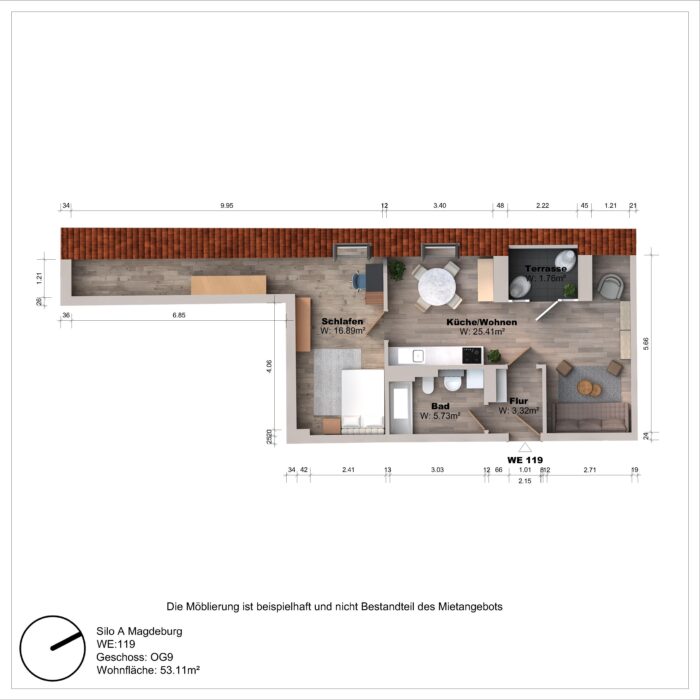 Grundriss einer Wohnung mit Schlafzimmer, Küche, Bad.