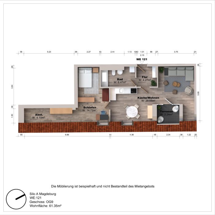 Grundriss einer Wohnung mit Terrasse und Möbeln.
