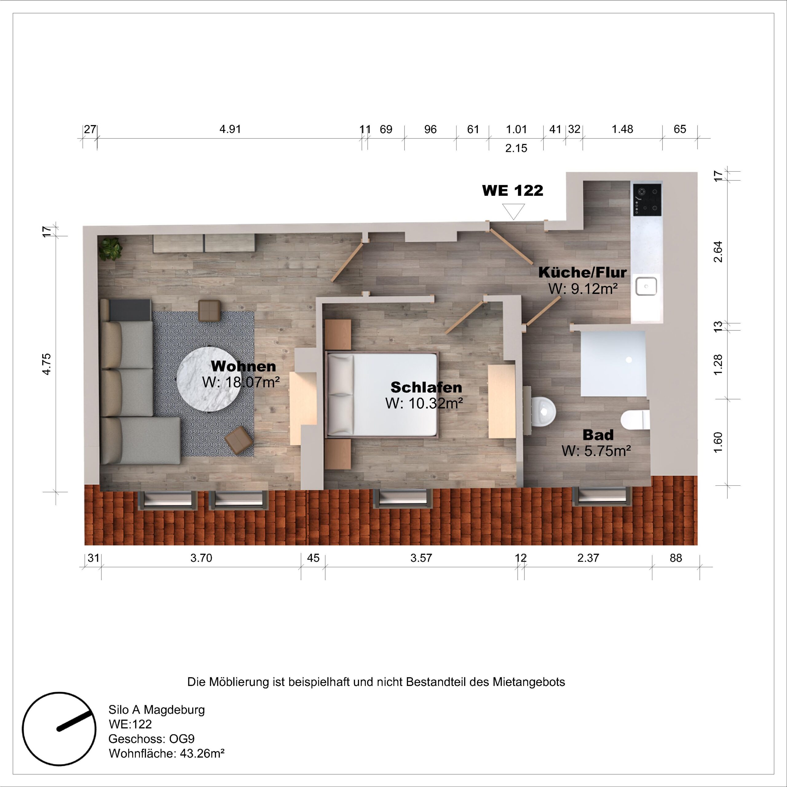 Grundriss einer Wohnung mit Wohn-, Schlaf-, Badezimmer.