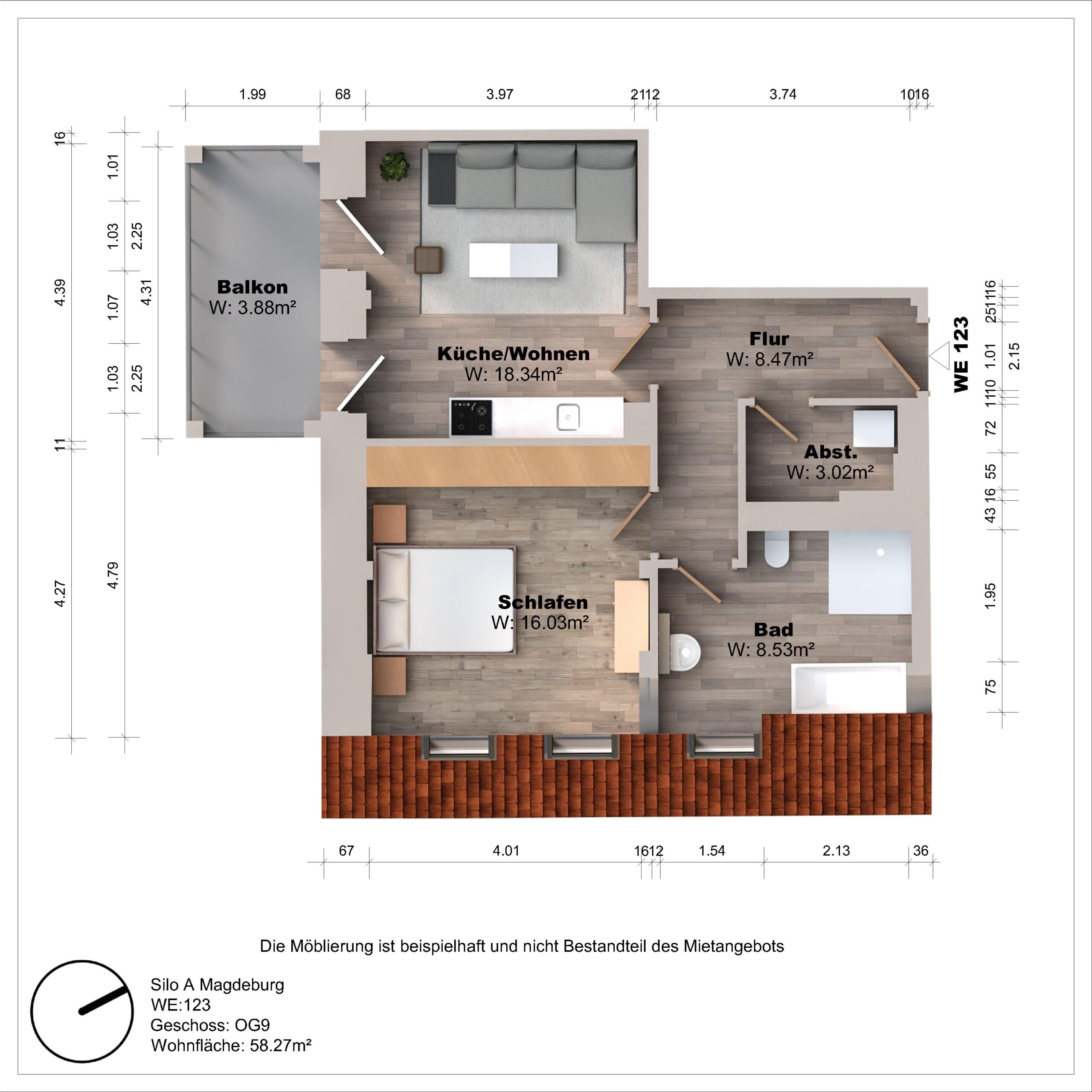 Grundriss einer Wohnung mit Balkon und Möbeln.