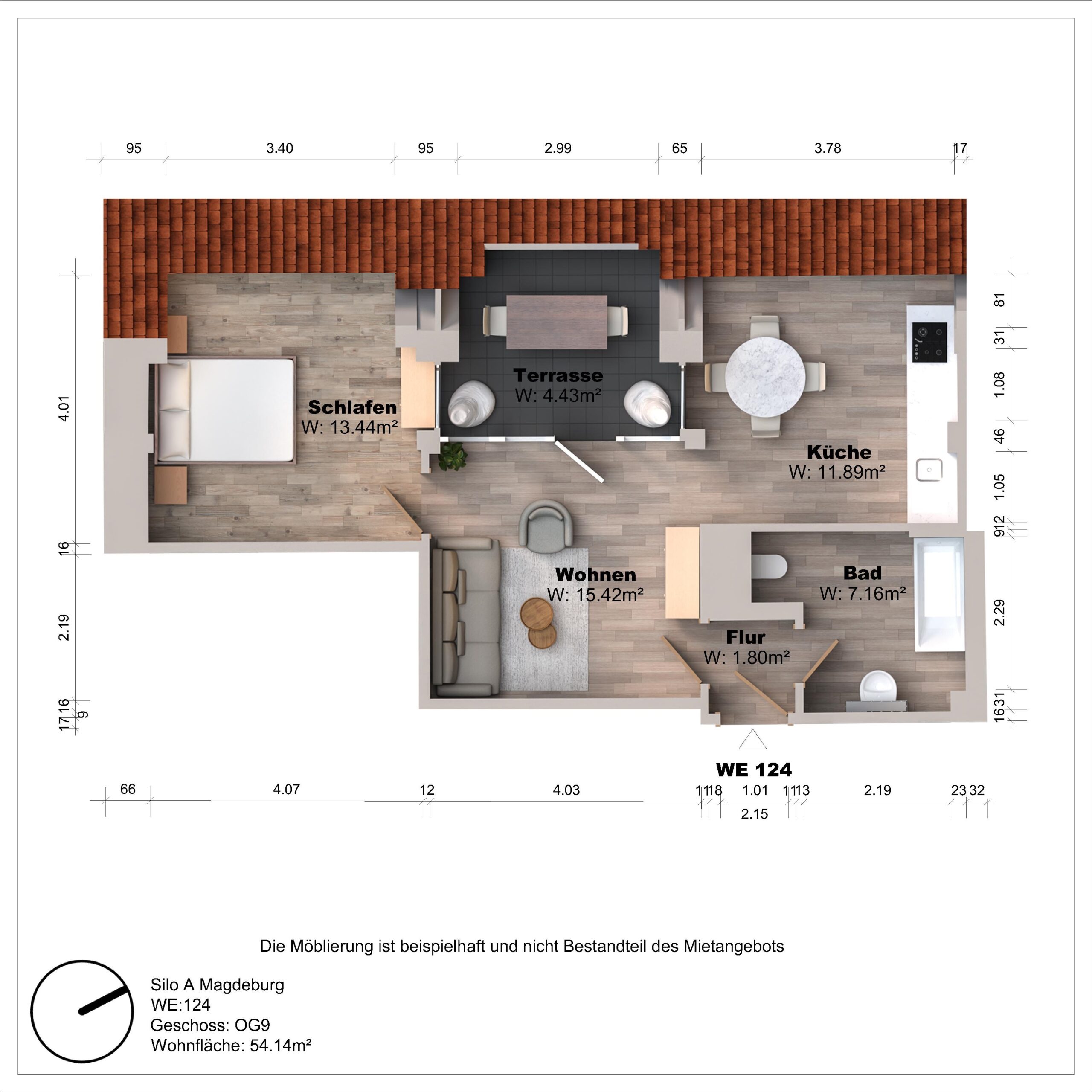Grundriss einer Wohnung mit Terrasse und Möbeln.