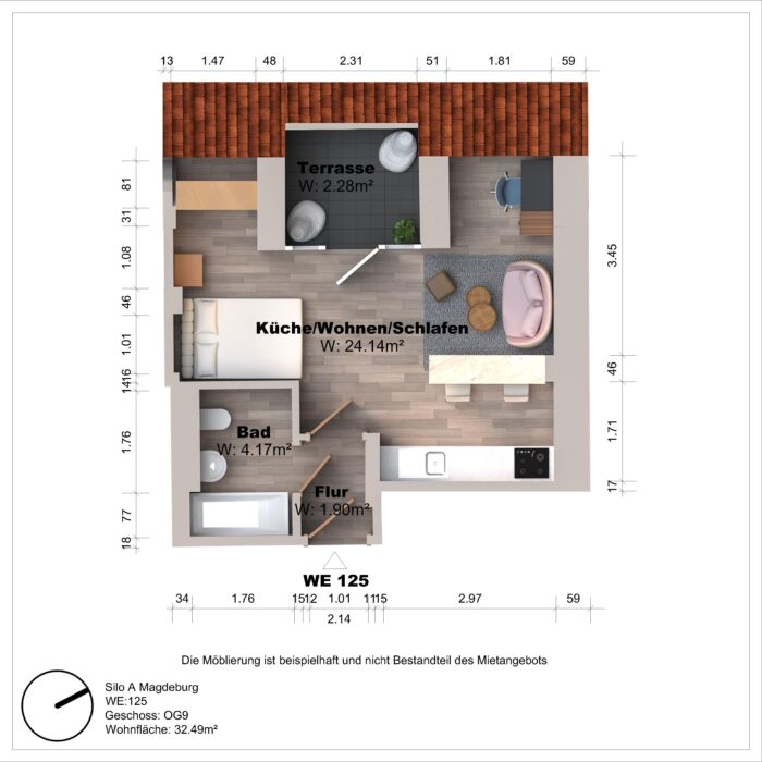 Grundriss einer Wohnung mit Terrasse und Möbeln.