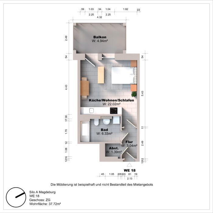 Grundriss einer Wohnung mit Balkon und Bad.