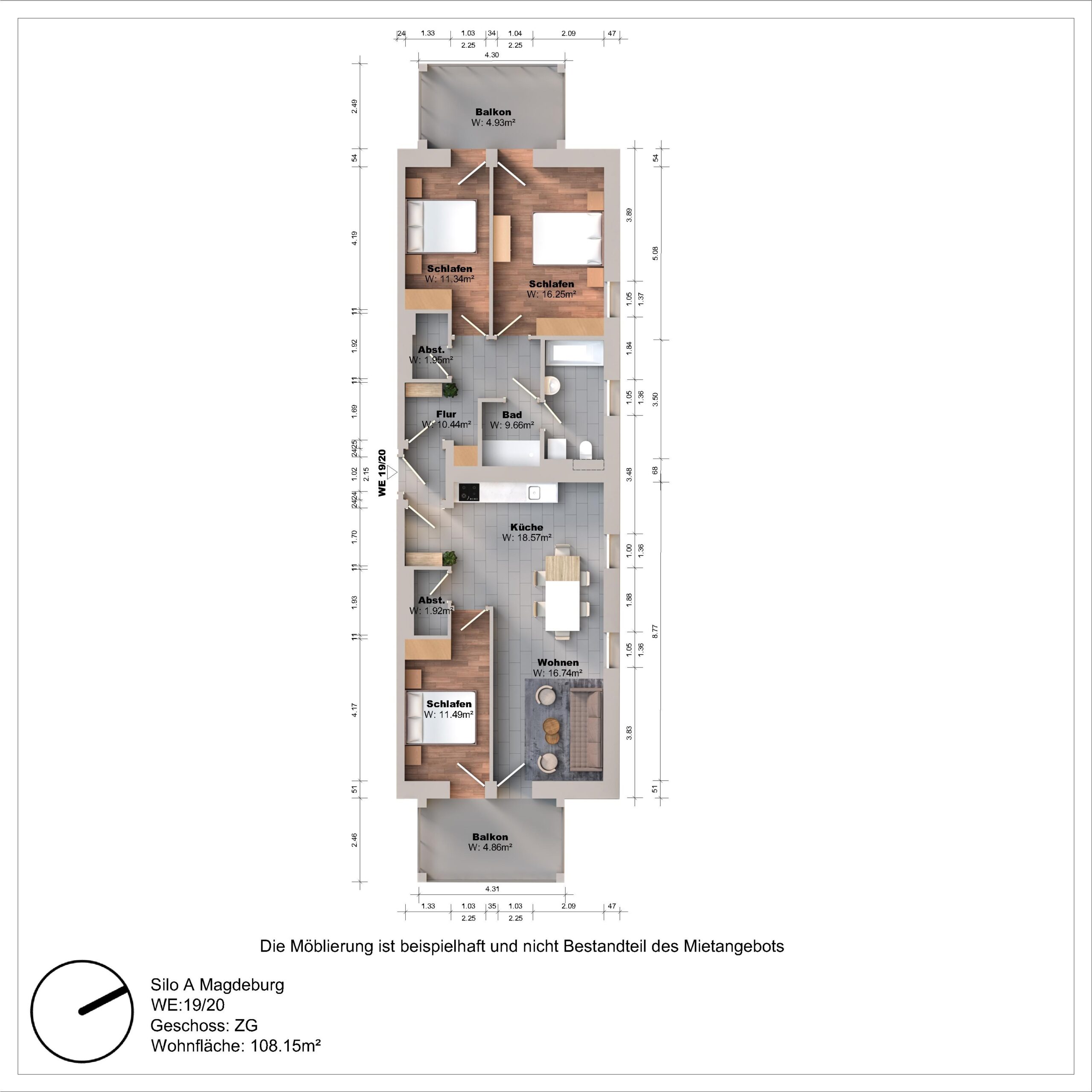 Grundriss einer Wohnung mit drei Schlafzimmern und Balkon.