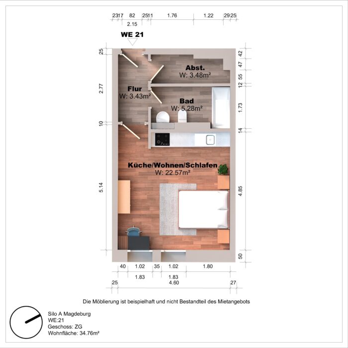 Grundriss einer Einzimmerwohnung mit Küche und Bad.