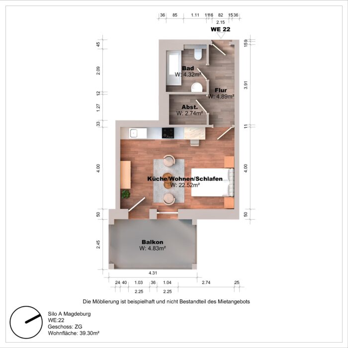 Grundriss einer Einzimmerwohnung mit Balkon und Bad.