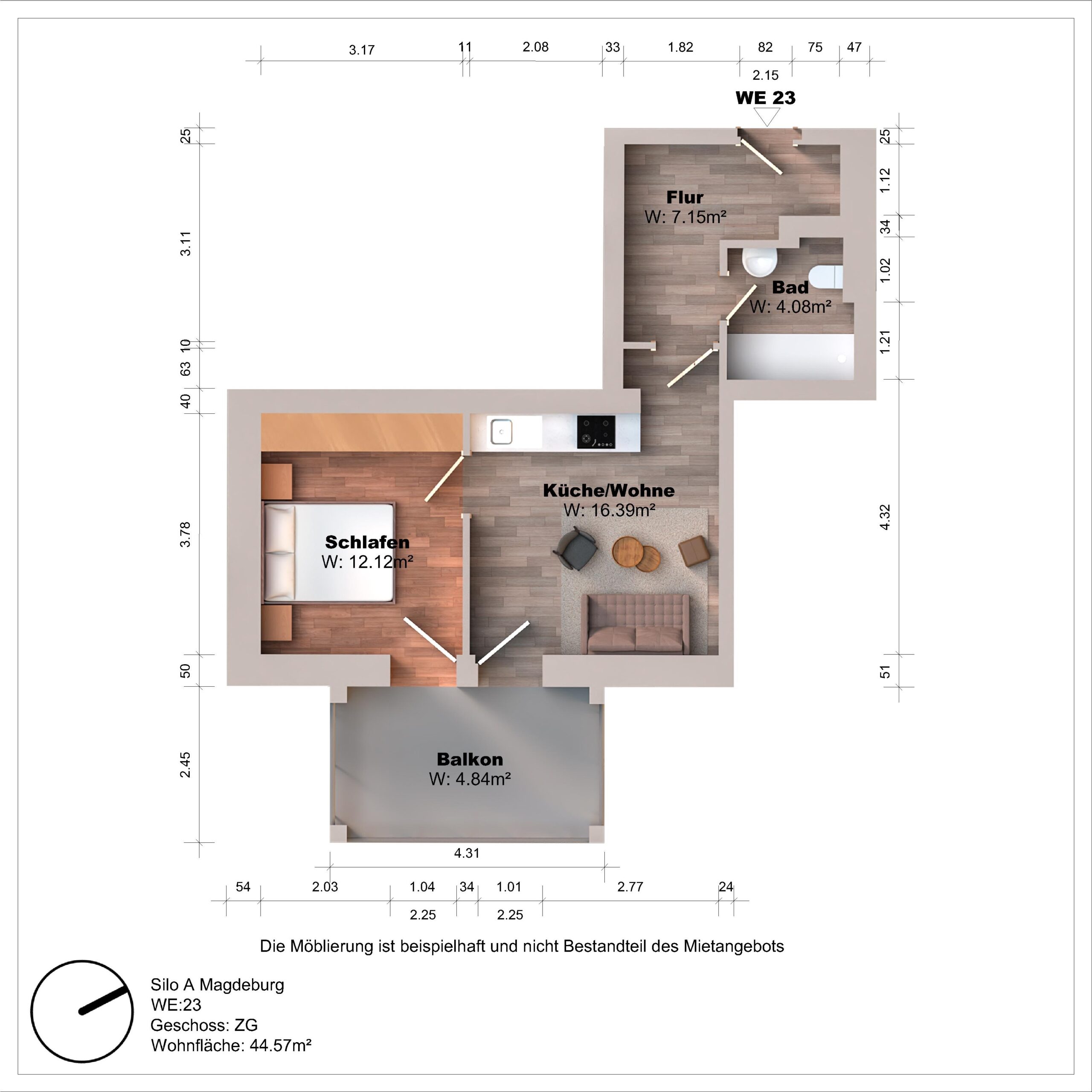Grundriss einer Wohnung mit Schlafzimmer, Küche, Bad, Balkon.