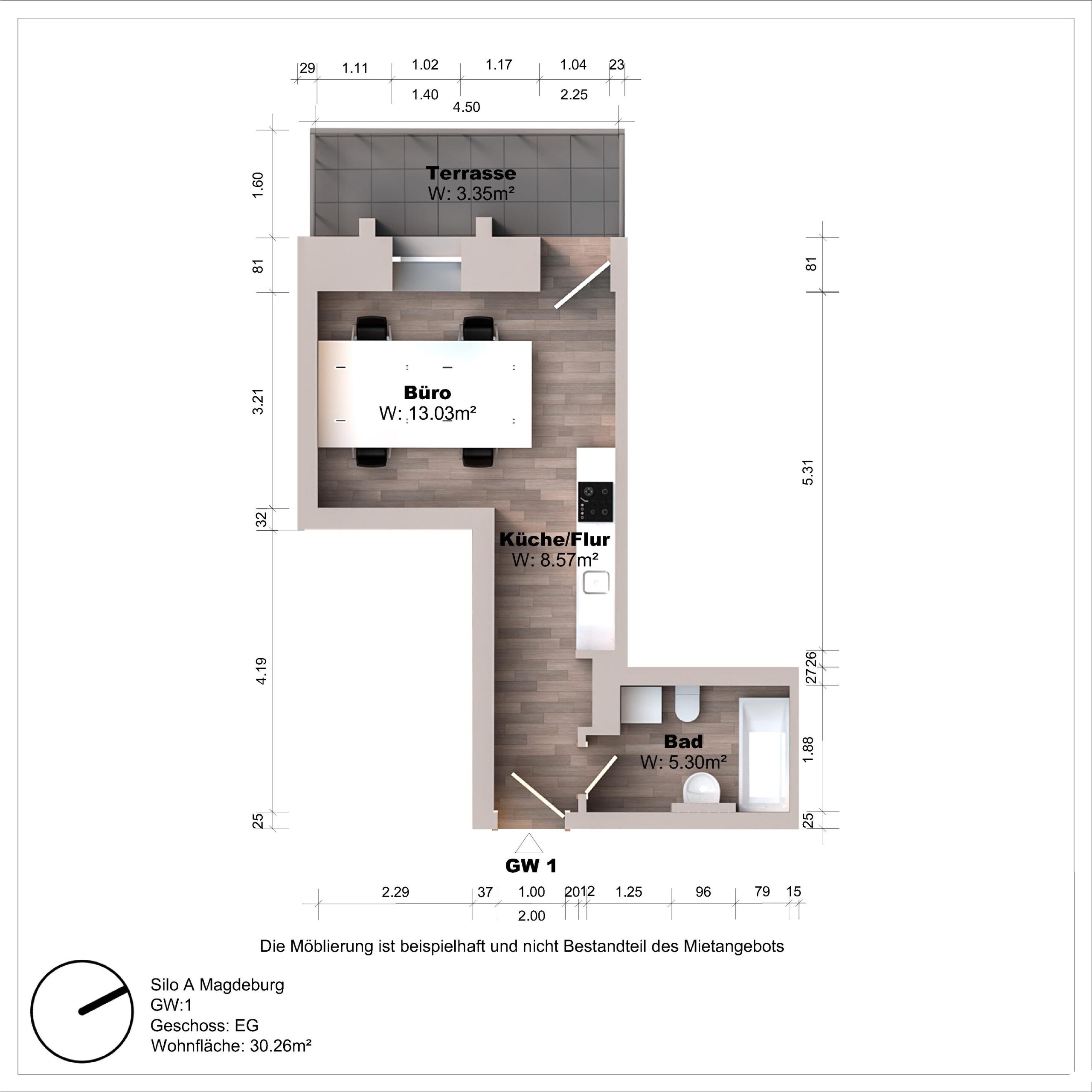 Grundriss einer Wohnung mit Büro, Küche, Bad, Terrasse.