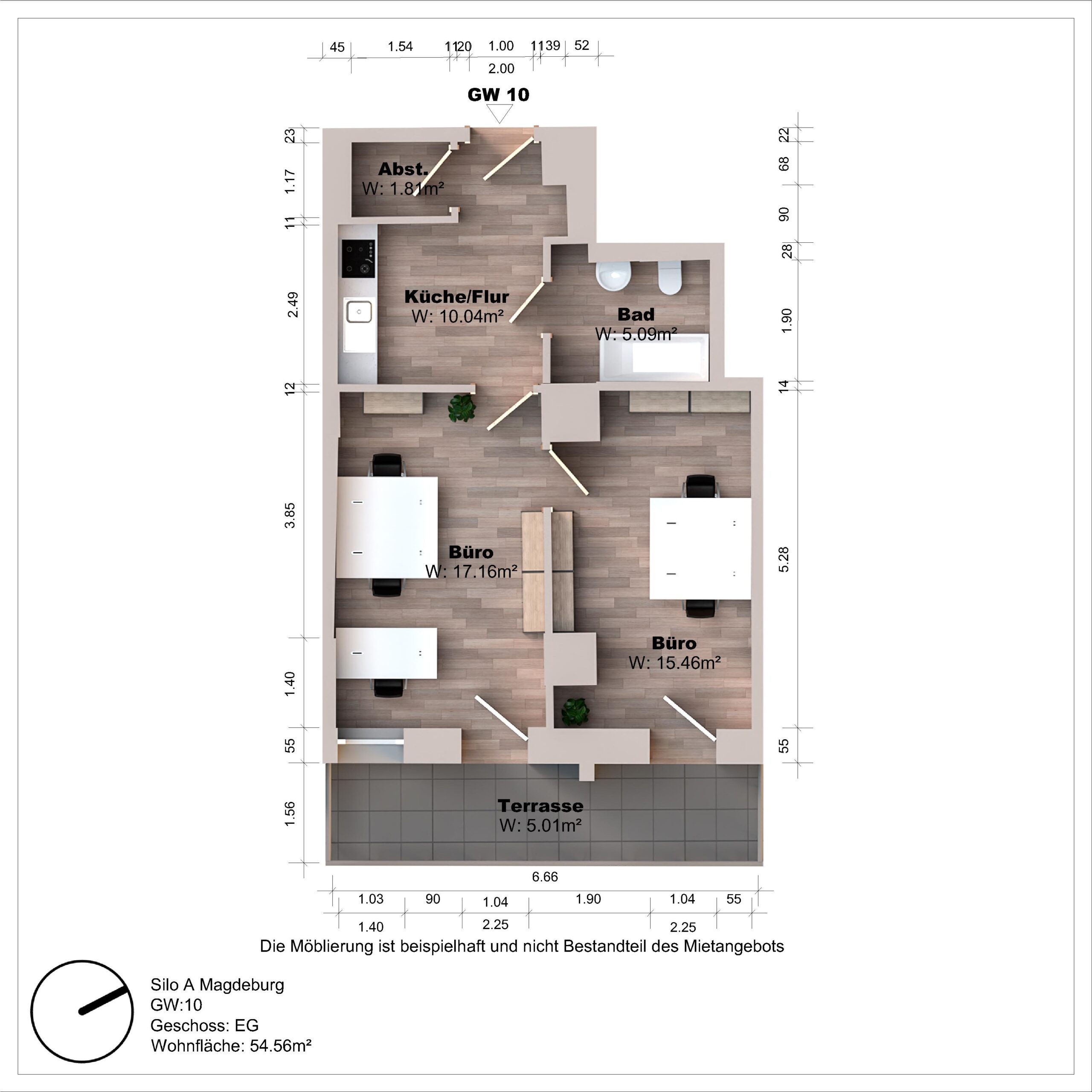 Grundriss eines Büros mit Terrasse und Küche.