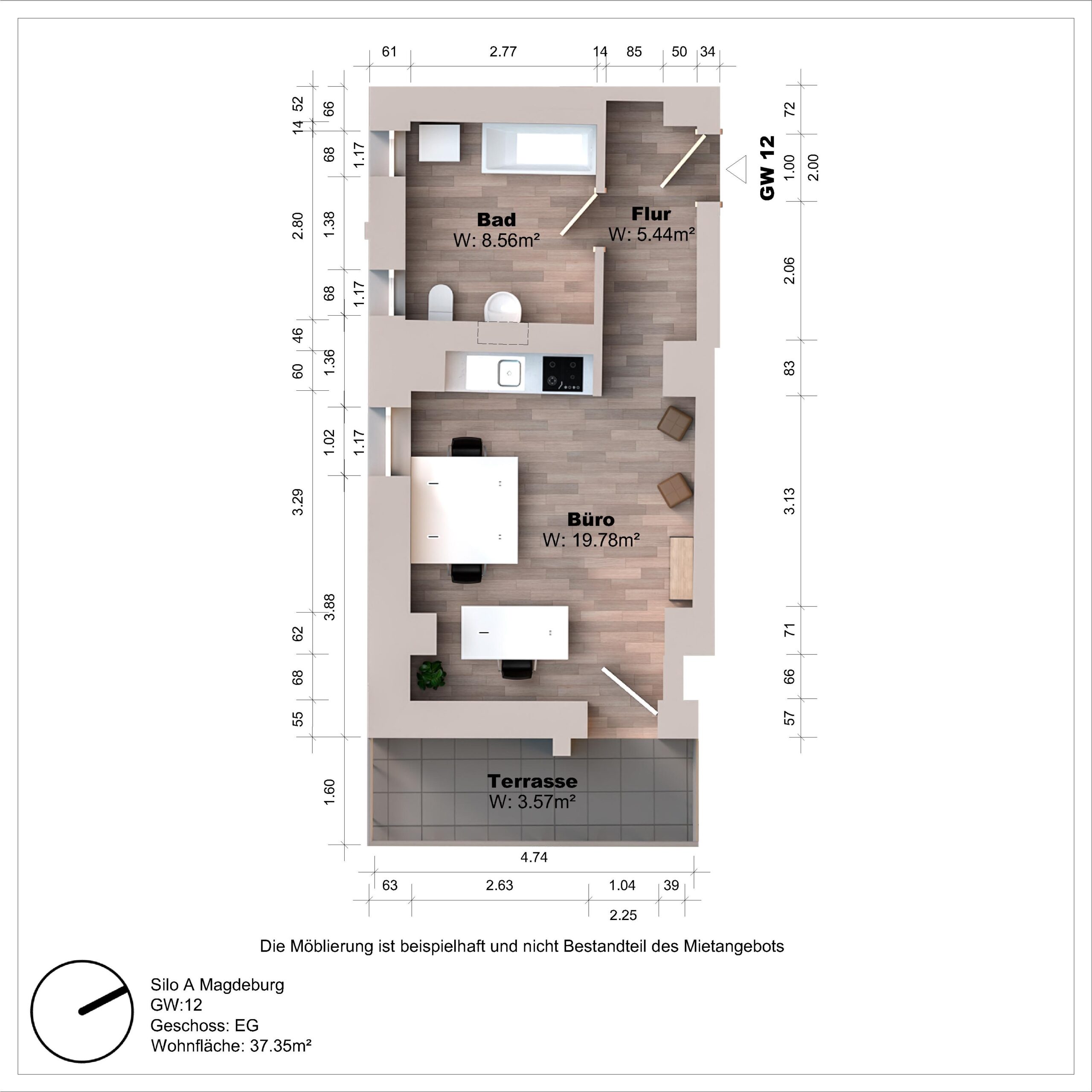 Grundriss eines Apartments mit Büro, Bad, Terrasse.