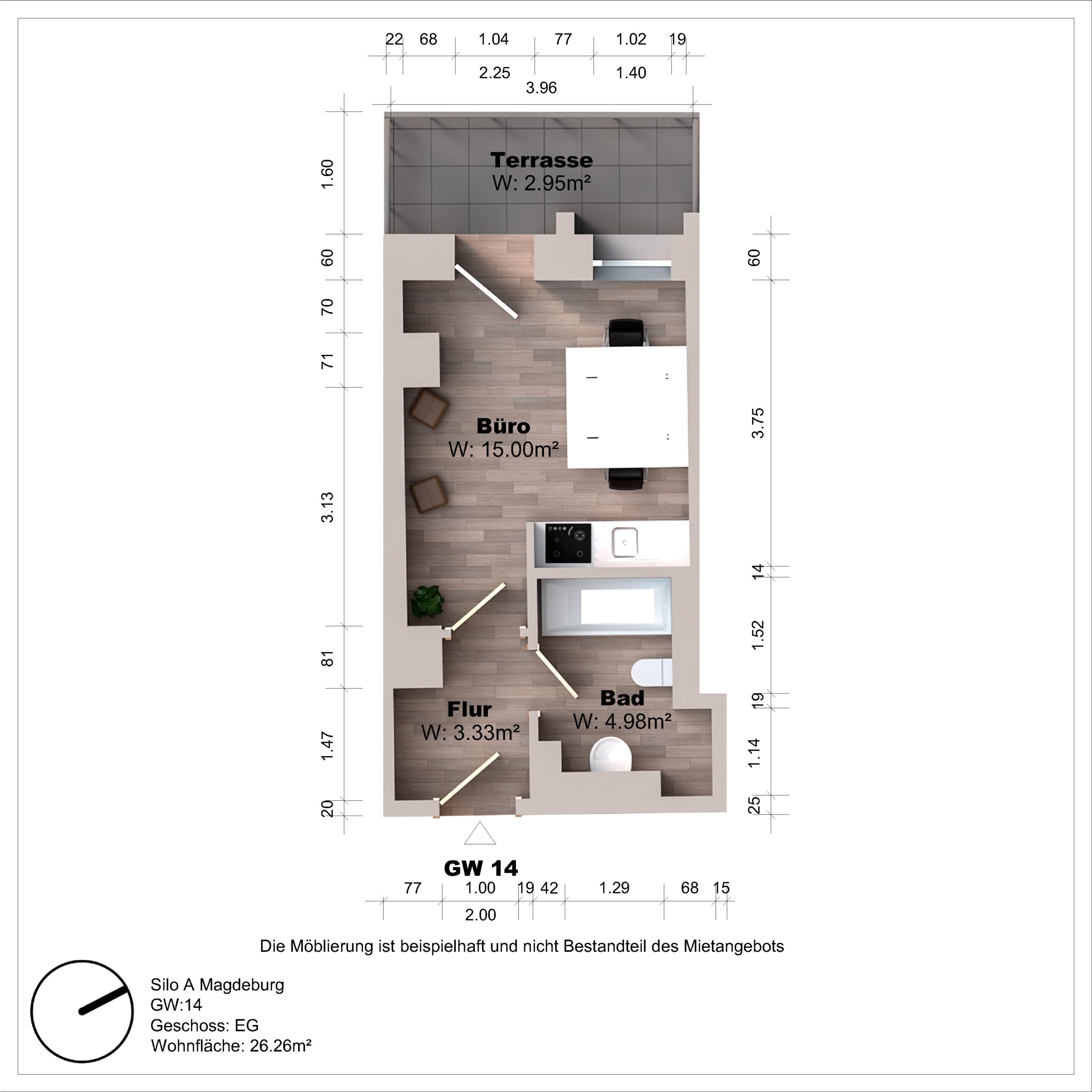 Grundriss eines Apartments mit Büro, Bad und Terrasse.