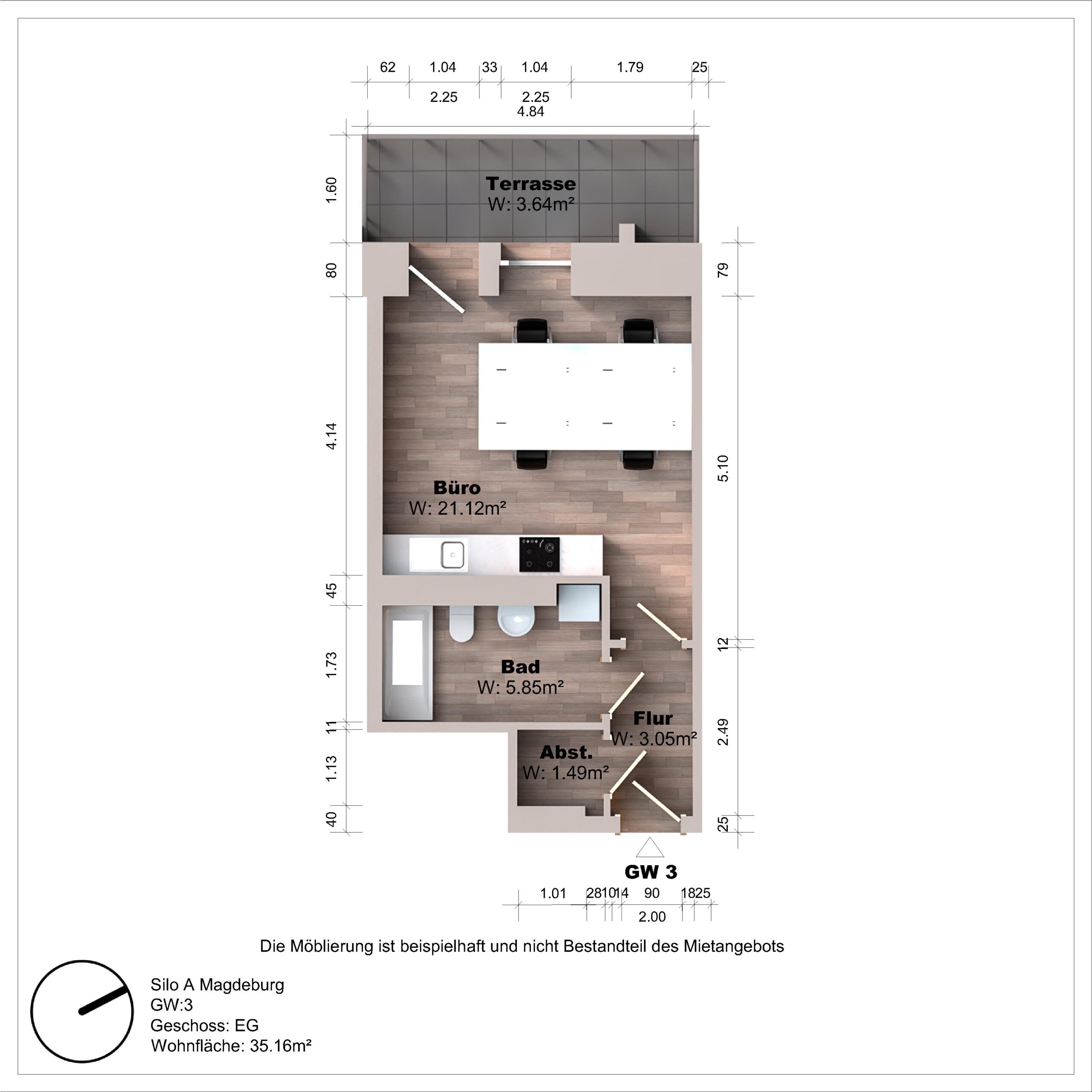 Grundriss eines Büros mit Terrasse und Bad.