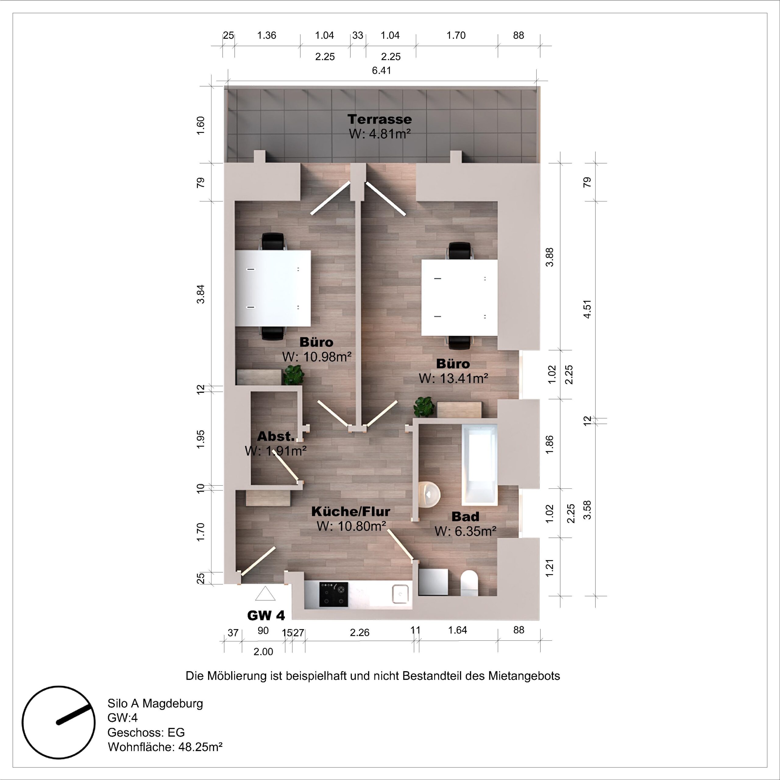 Grundriss einer Wohnung mit Terrasse und Büros.