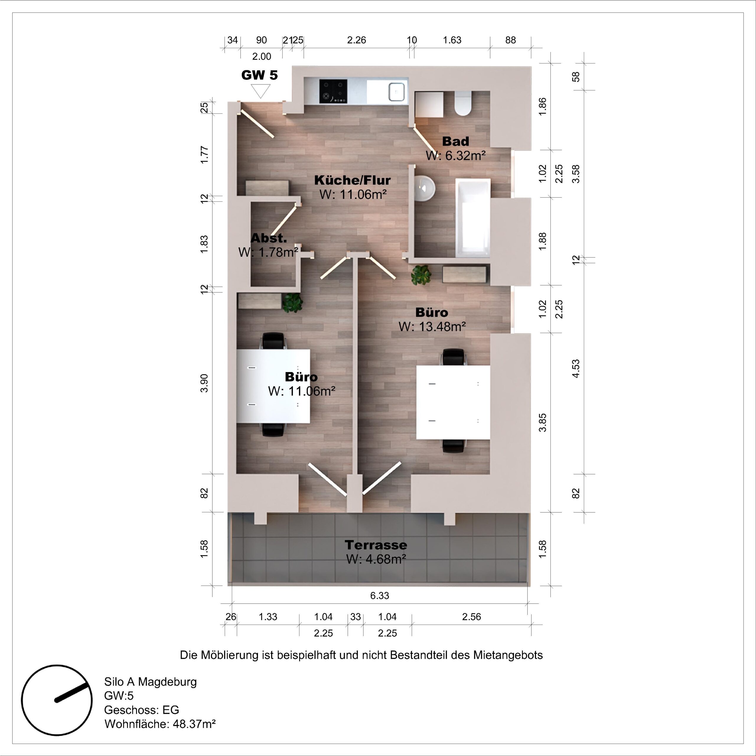 Grundriss eines Apartments mit Büro und Terrasse.