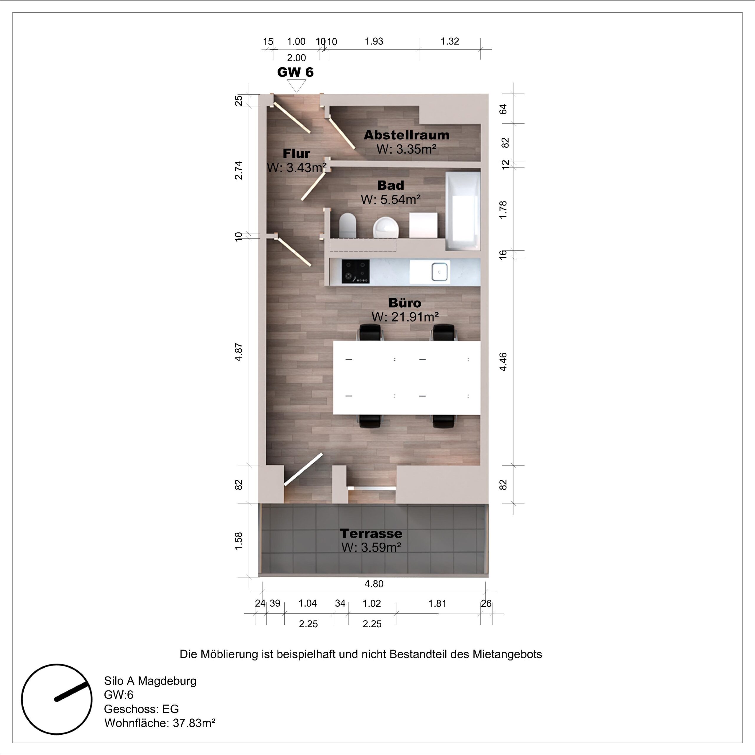 Grundriss eines Büros mit Terrasse und Bad.