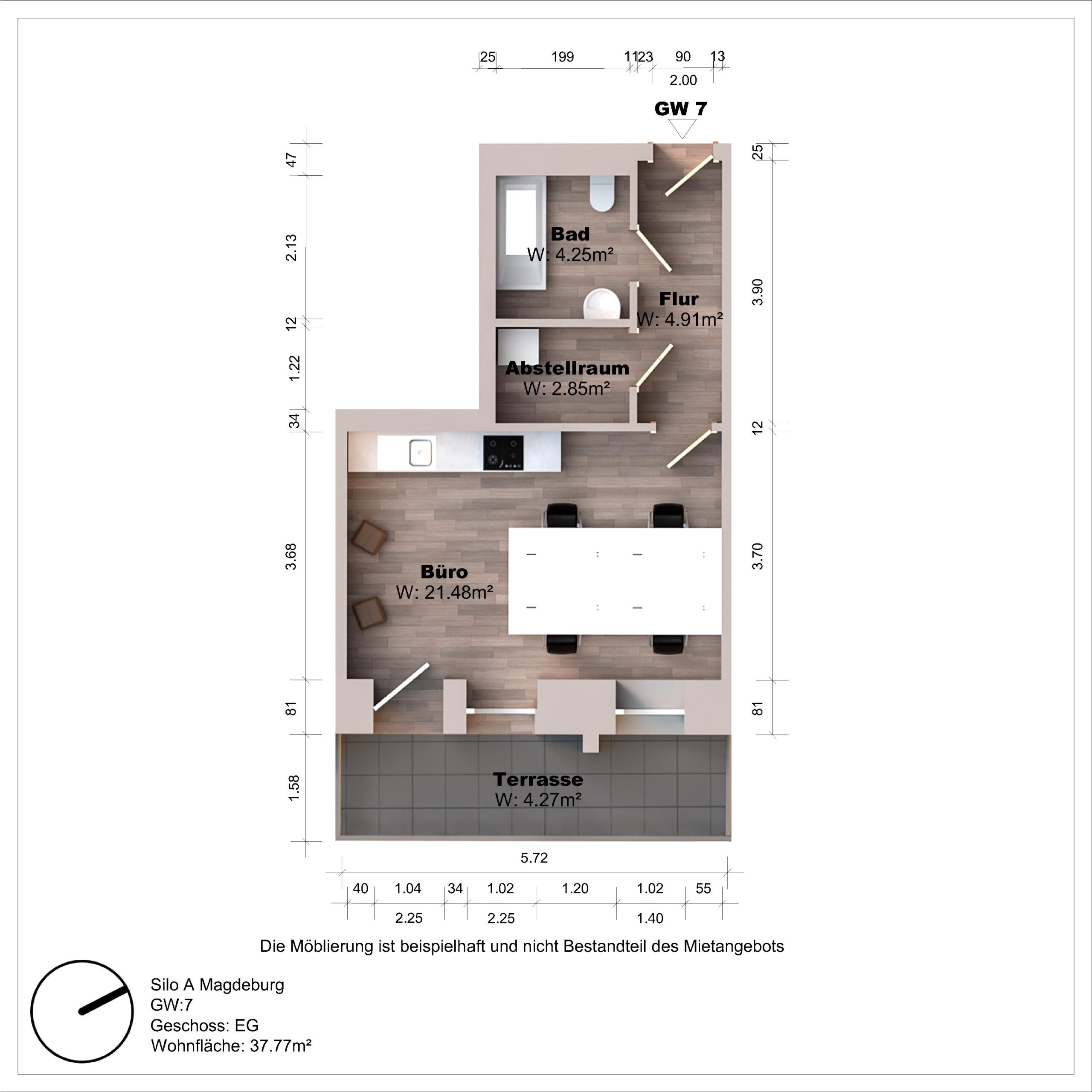 Grundriss eines Büros mit Terrasse und Bad.
