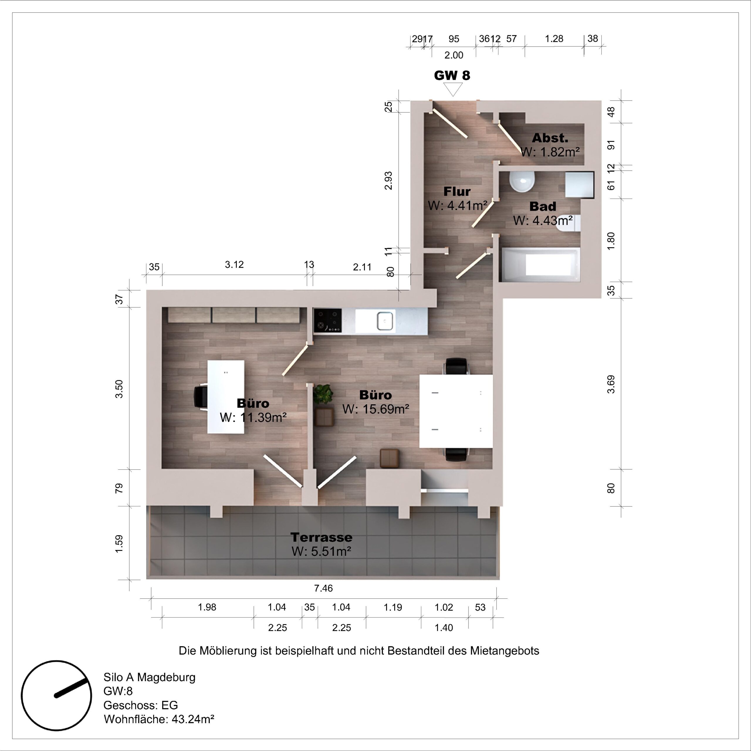 Grundriss eines Büros mit Terrasse und Bad.