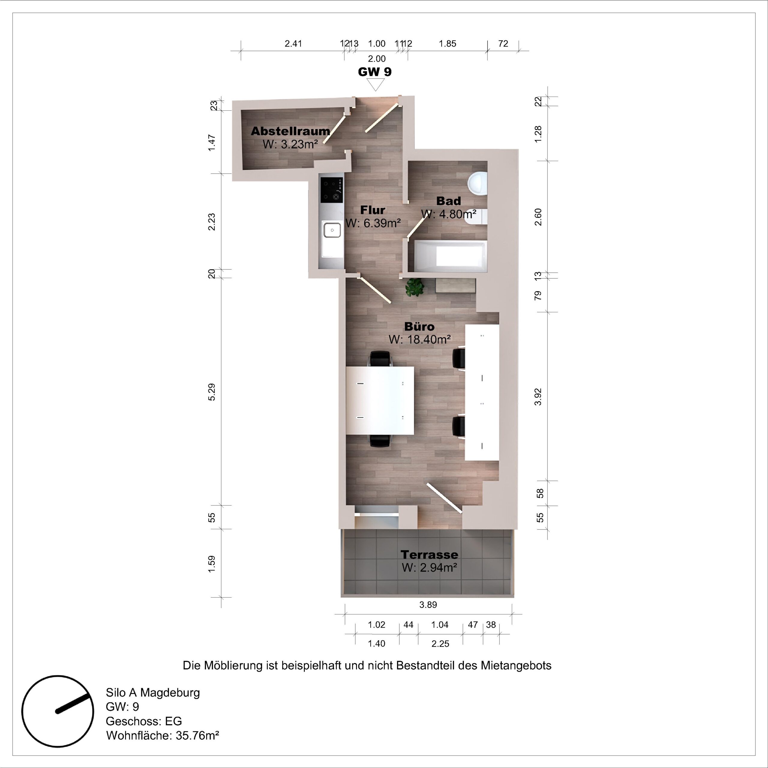 Grundriss eines Büros mit Terrasse und Abstellraum.