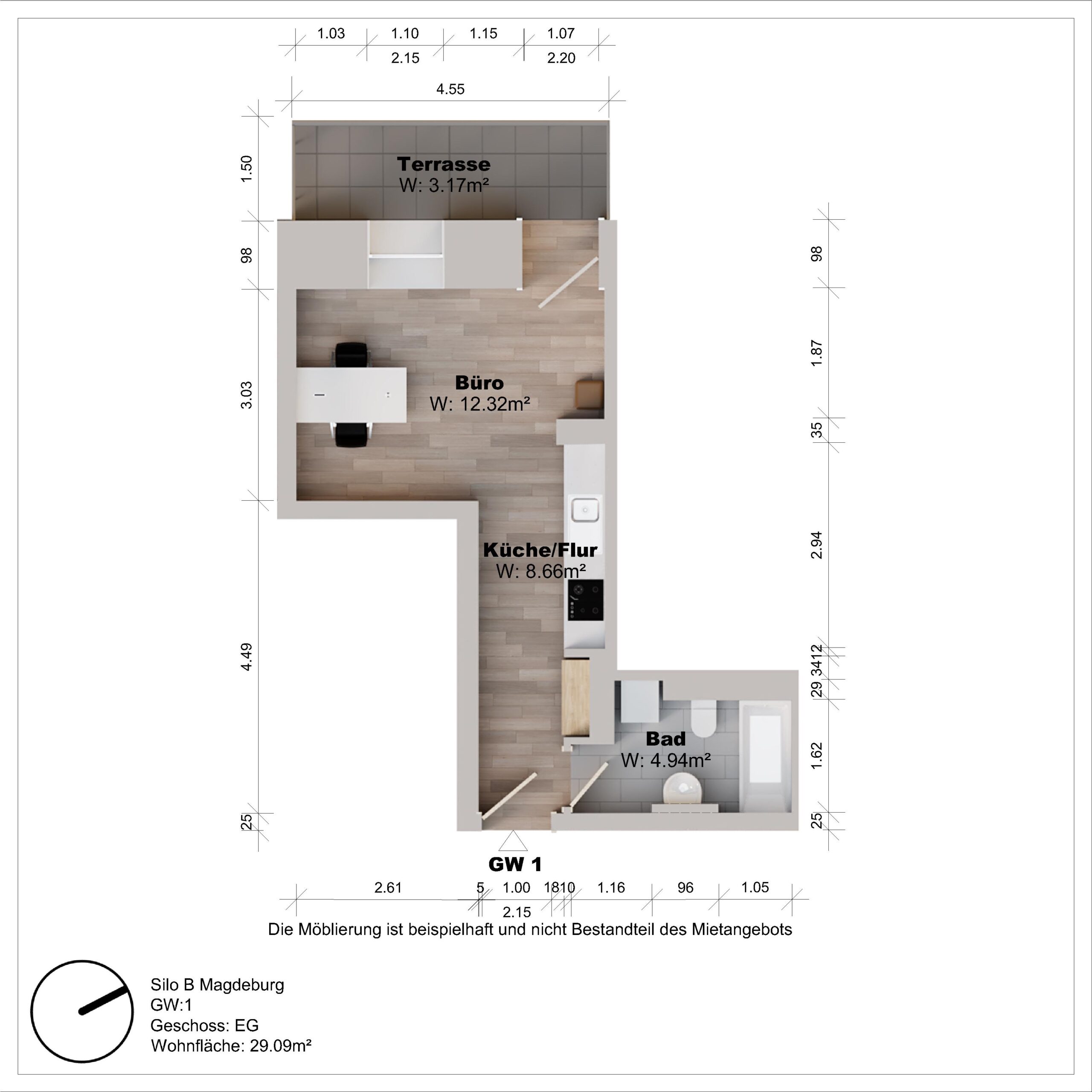 Grundriss einer kleinen Wohnung mit Terrasse und Büro.