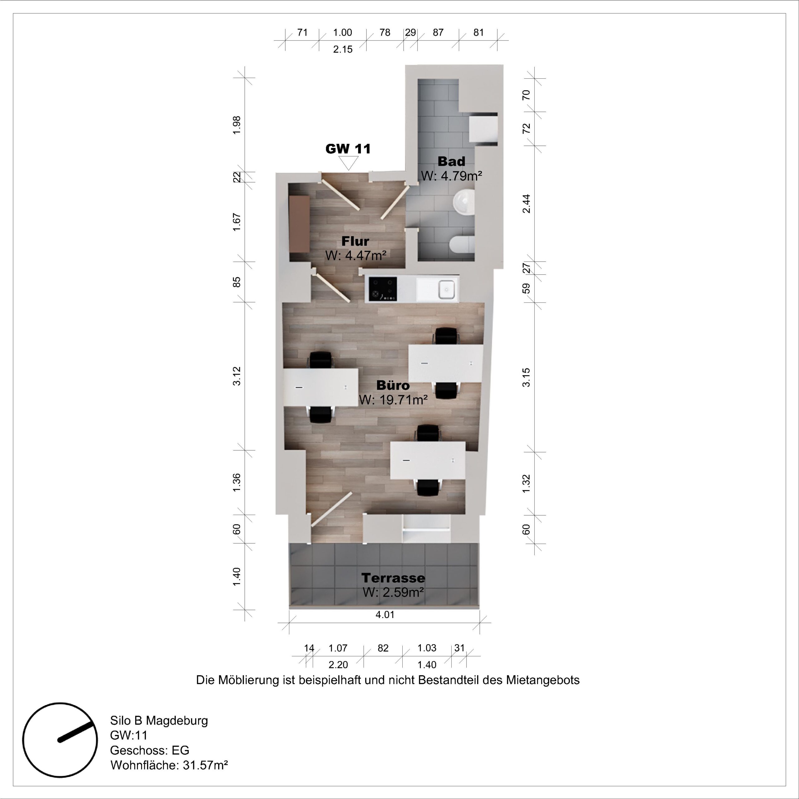 Grundriss eines Büros mit Bad und Terrasse.