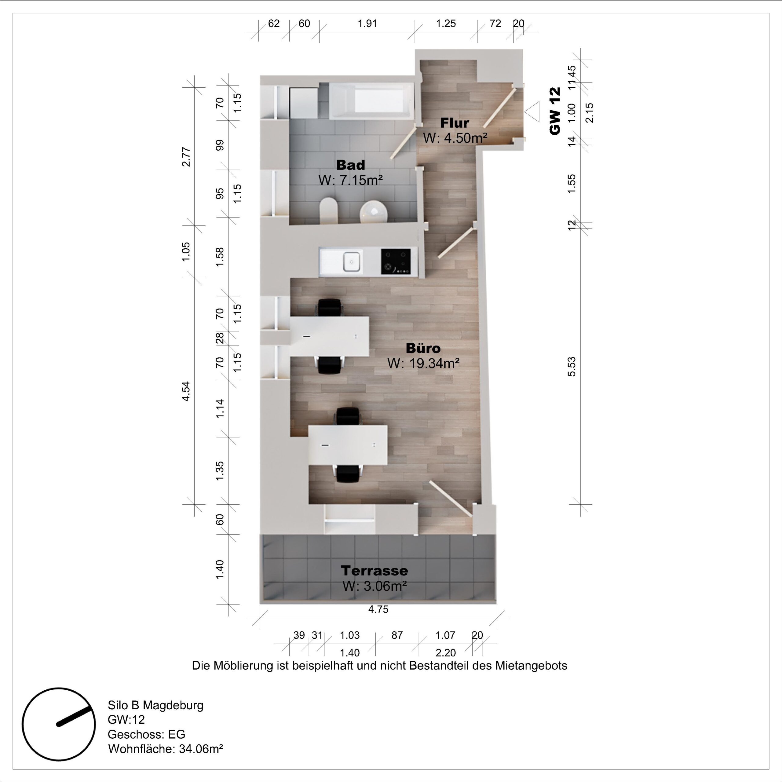 Grundriss eines Büros mit Bad und Terrasse.