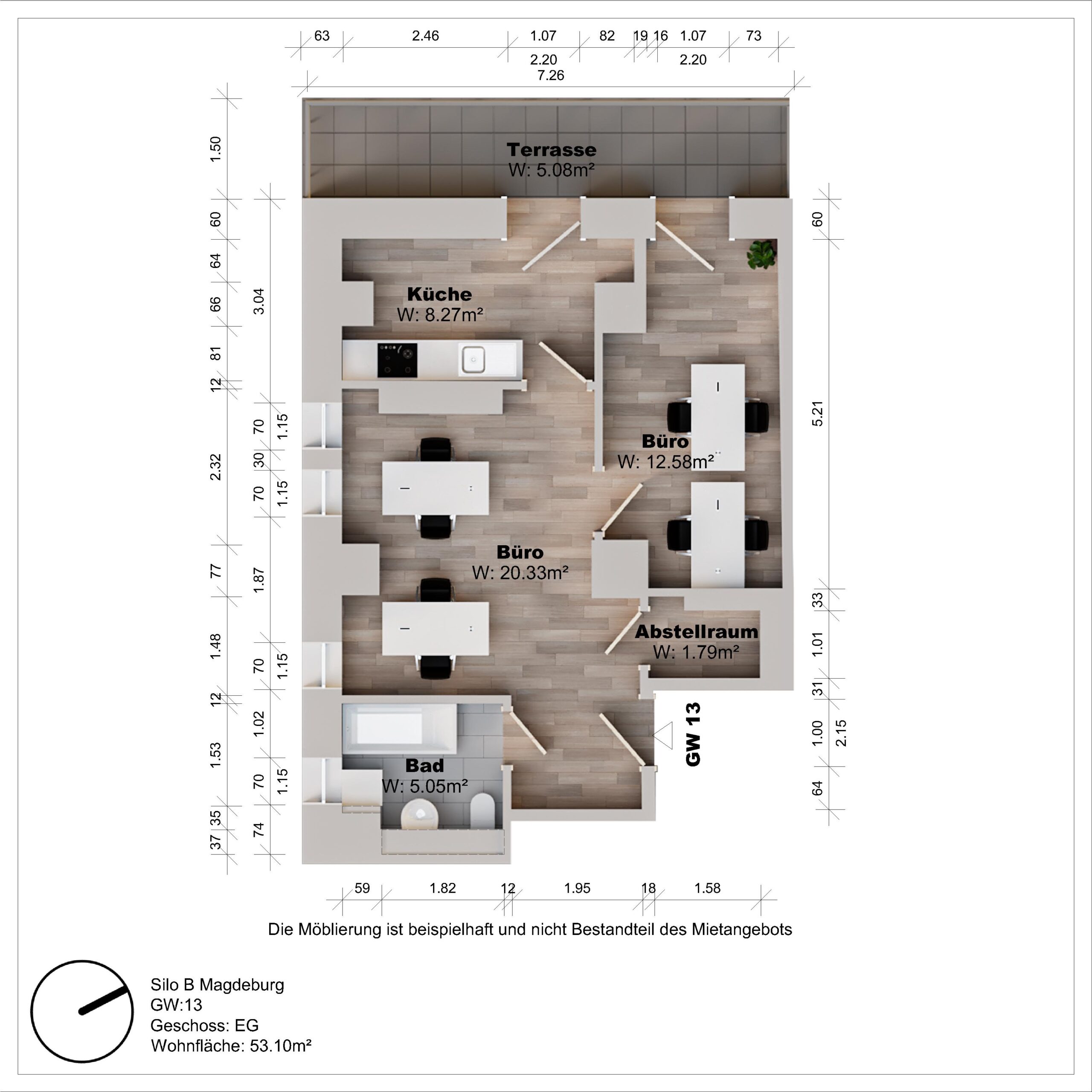 Grundriss eines Büros mit Küche und Terrasse.