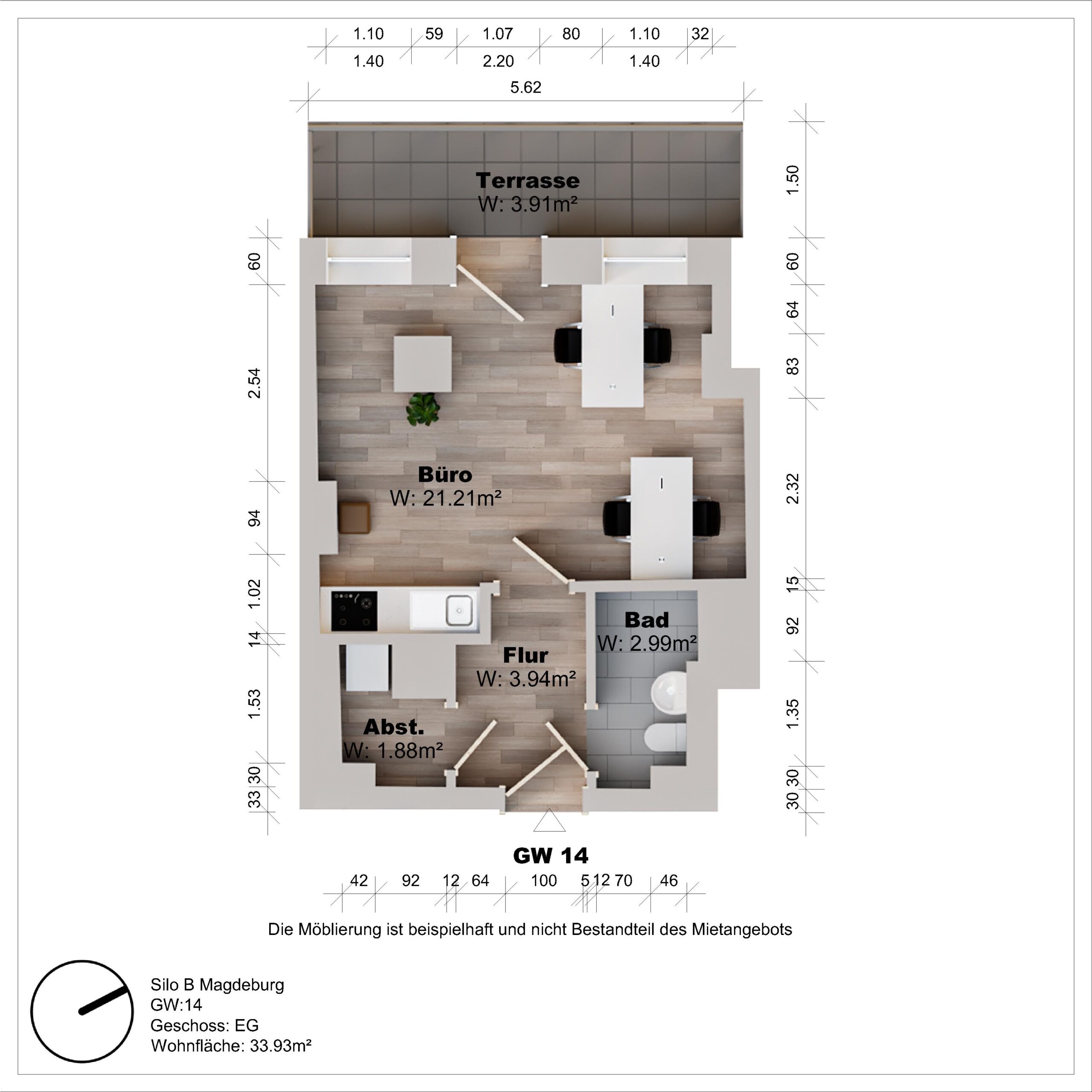 Grundriss eines Büros mit Terrasse und Bad.